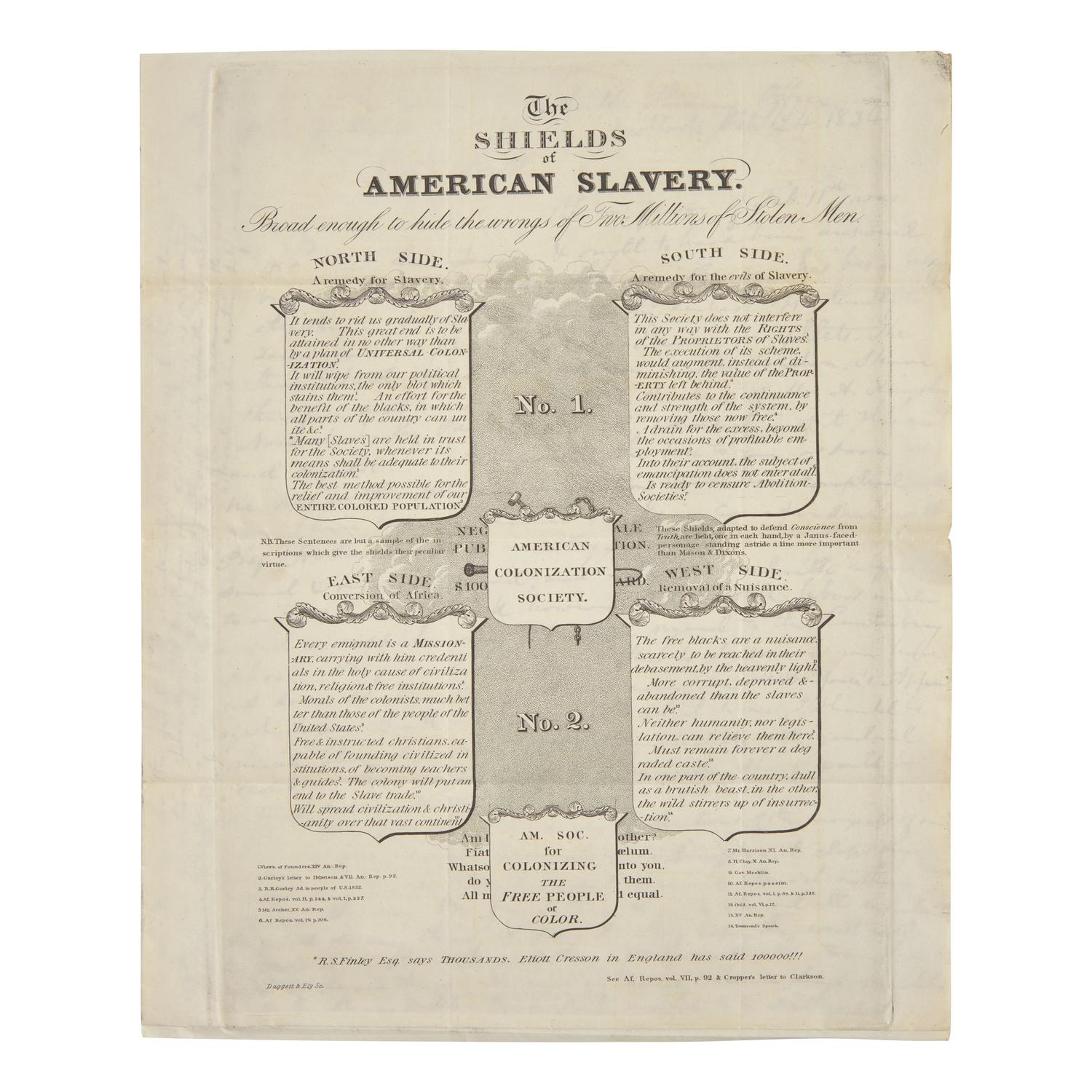 [African-Americana] Wright, Elizur, Jr. Autograph Letter, signed on an Anti-American Colonization Society Broadside "The Shields of American Slavery..."