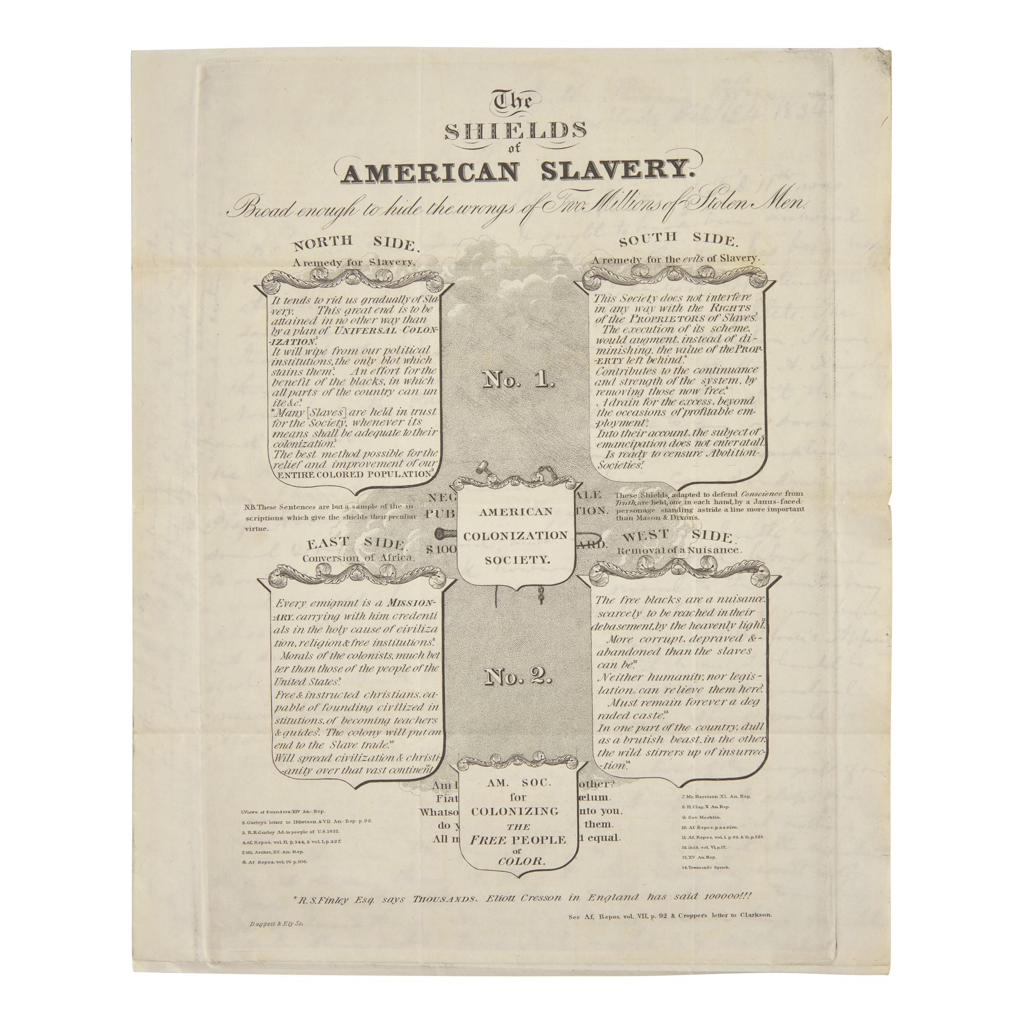 [African-Americana] Wright, Elizur, Jr. Autograph Letter, signed on an Anti-American Colonization Society Broadside "The Shields of American Slavery..."