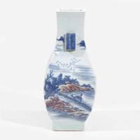 A Chinese underglaze blue and red-decorated vase, fanghu 青花釉里红方壶