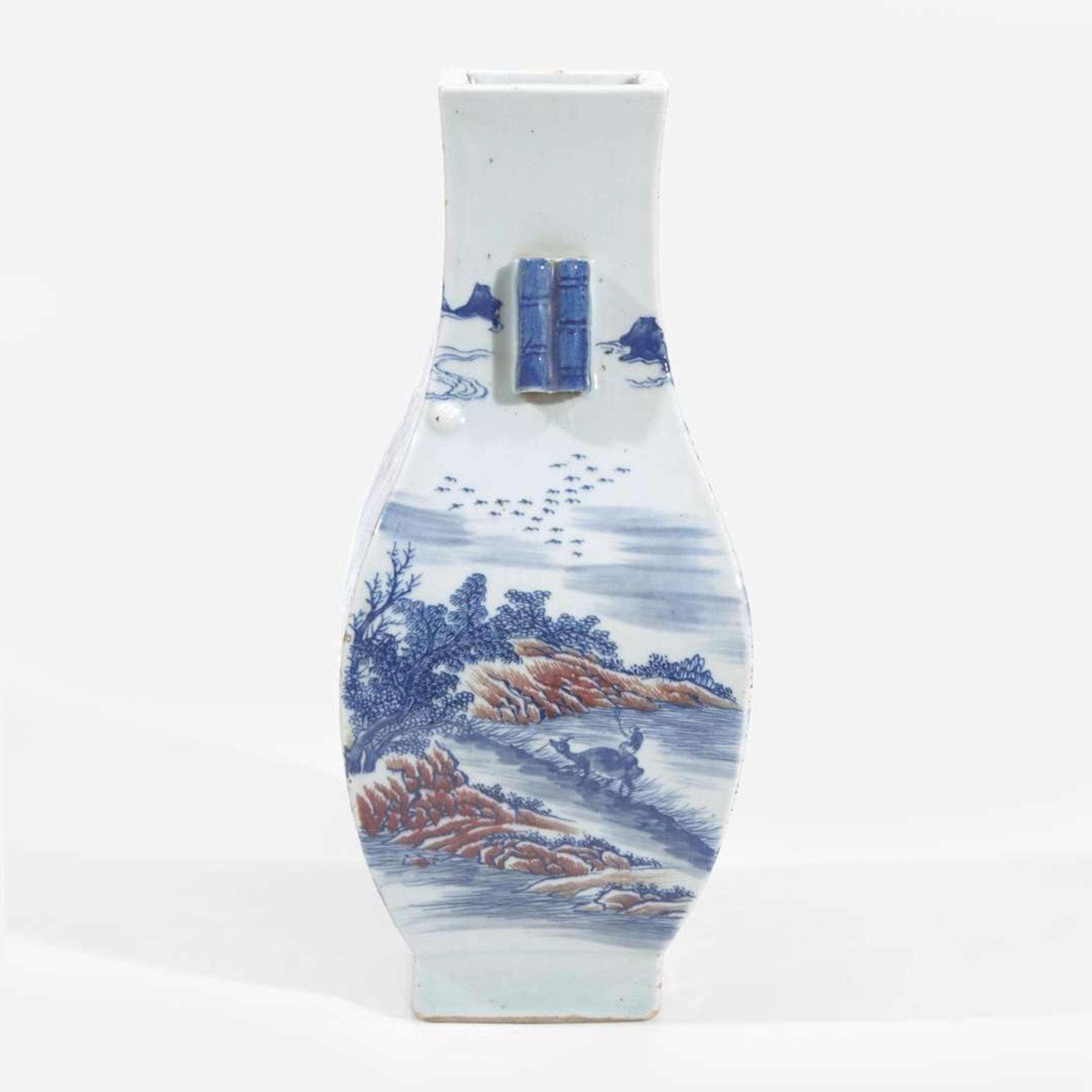 A Chinese underglaze blue and red-decorated vase, fanghu 青花釉里红方壶