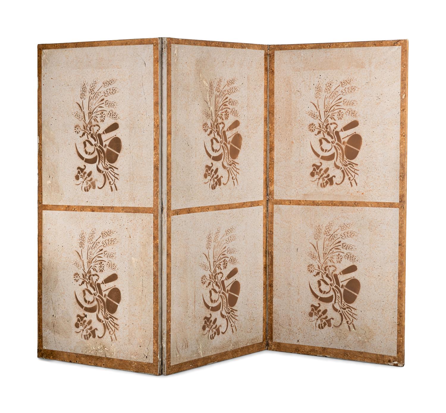 A Louis XVI Style Polychrome Painted Canvas Six-Panel Floor Screen