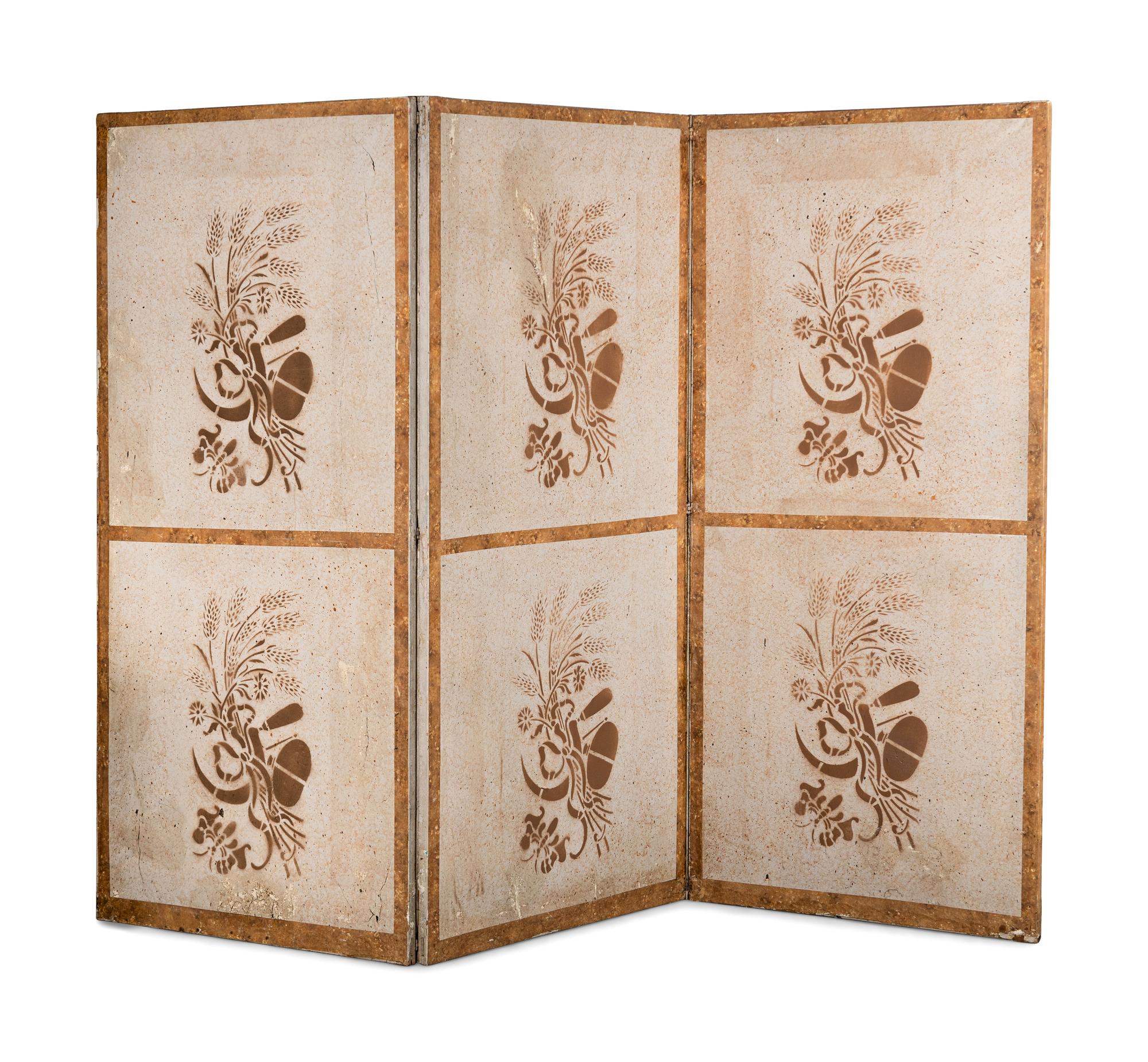 A Louis XVI Style Polychrome Painted Canvas Six-Panel Floor Screen