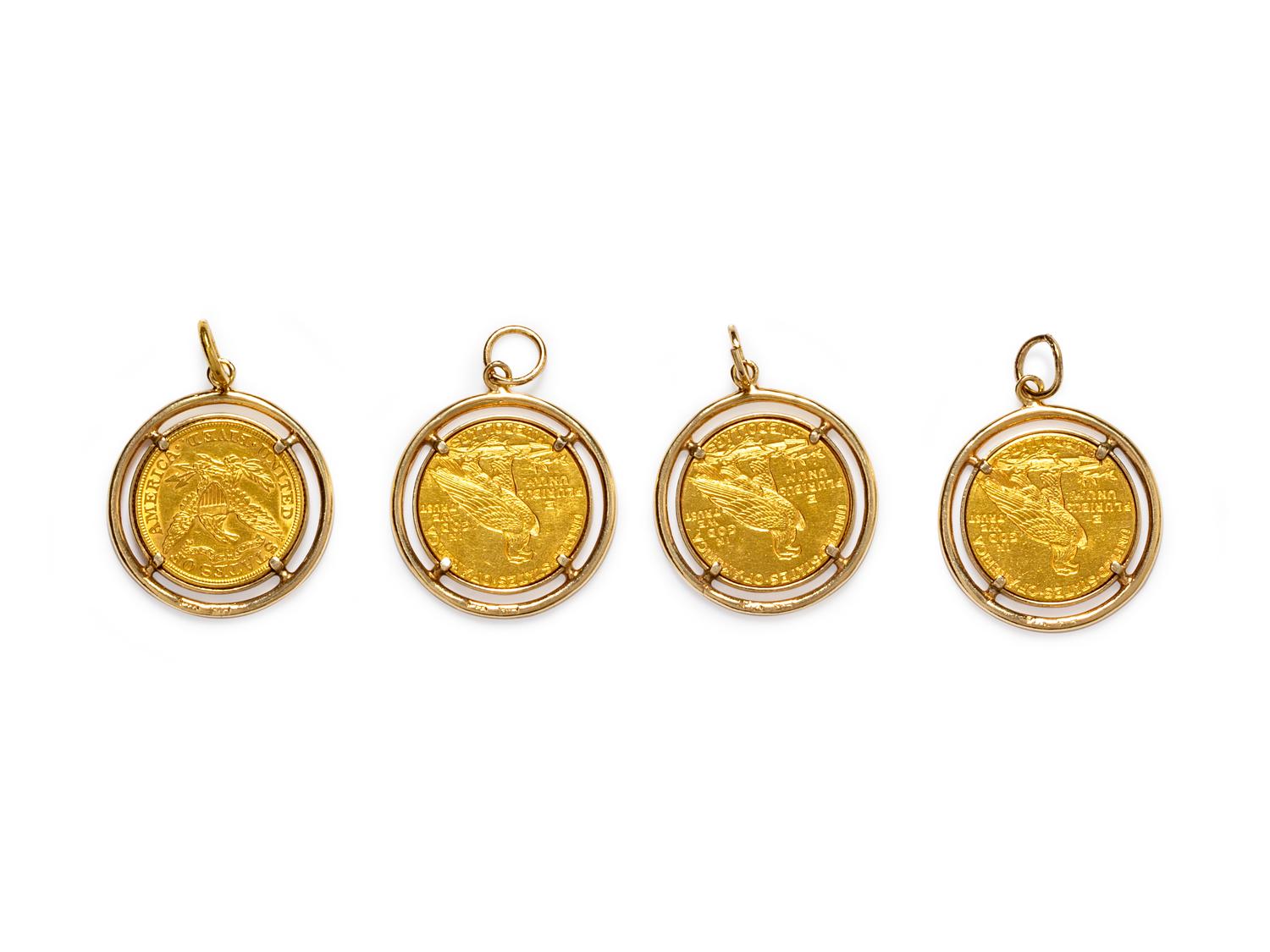 A Collection of 14 Karat Yellow Gold and Coin Pendants,