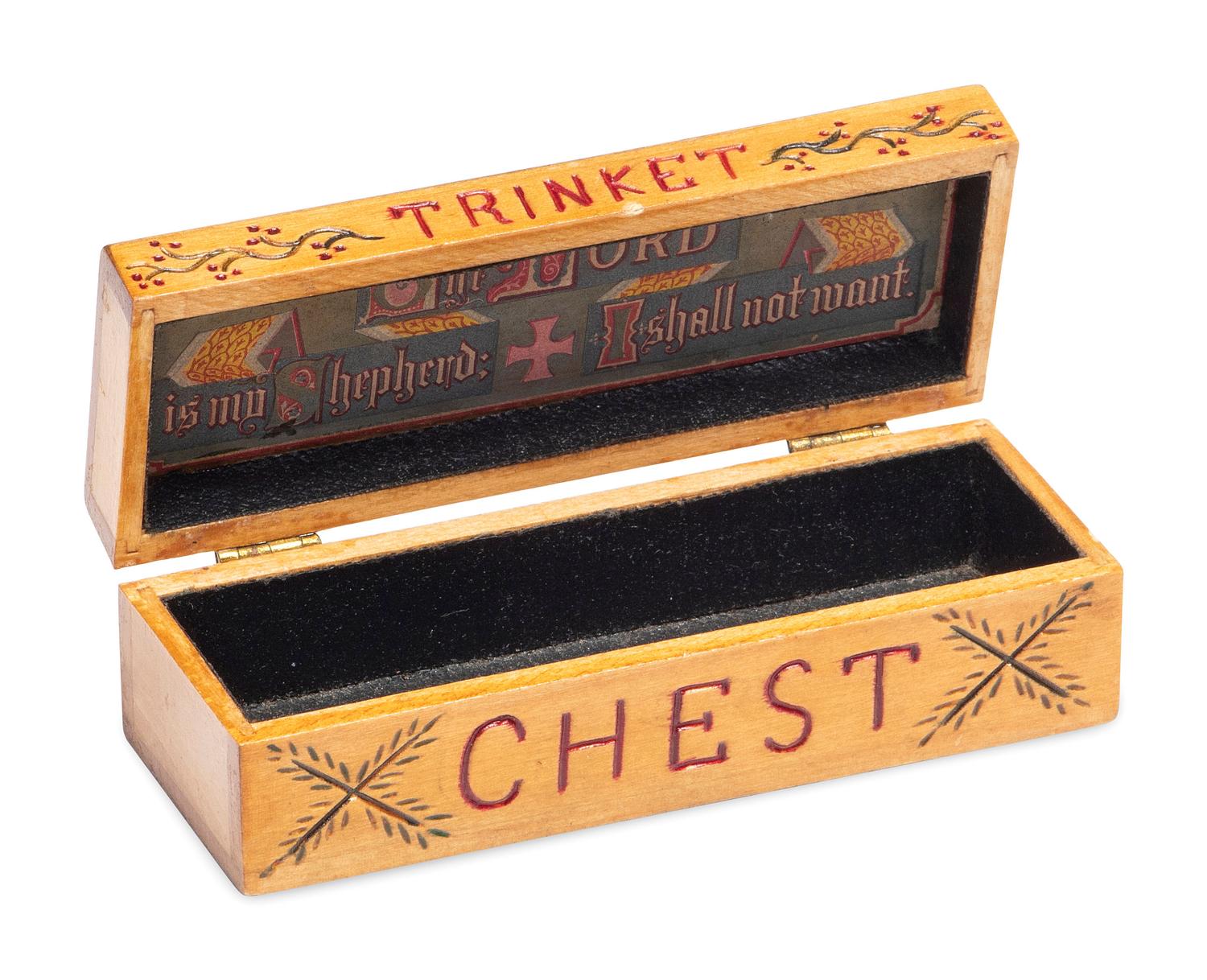 A Carved and Painted Wood Valuables Box with Masonic Interest