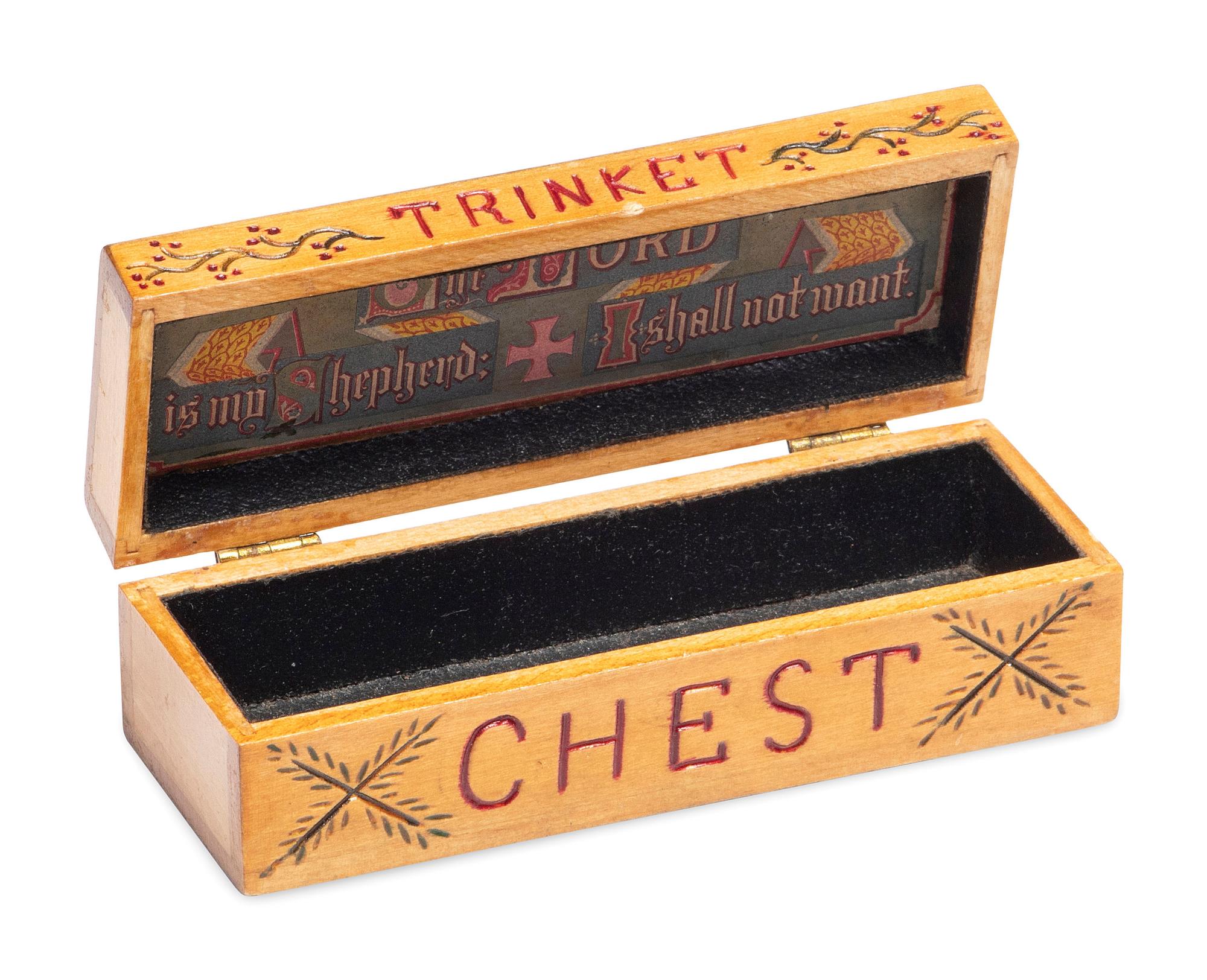 A Carved and Painted Wood Valuables Box with Masonic Interest
