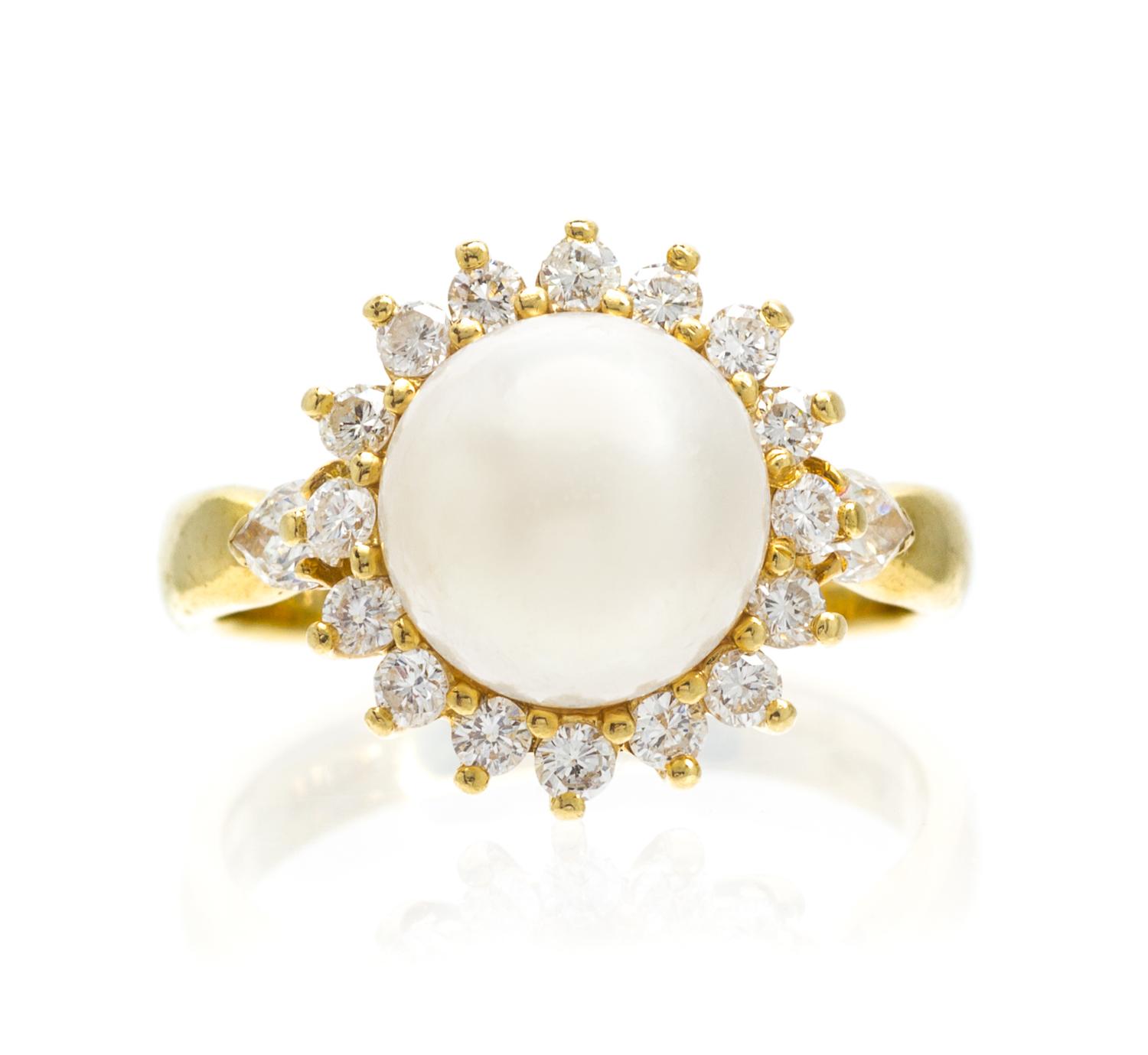 An 18 Karat Yellow Gold, Cultured Pearl and Diamond Ring, 5.10 dwts