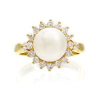 An 18 Karat Yellow Gold, Cultured Pearl and Diamond Ring, 5.10 dwts
