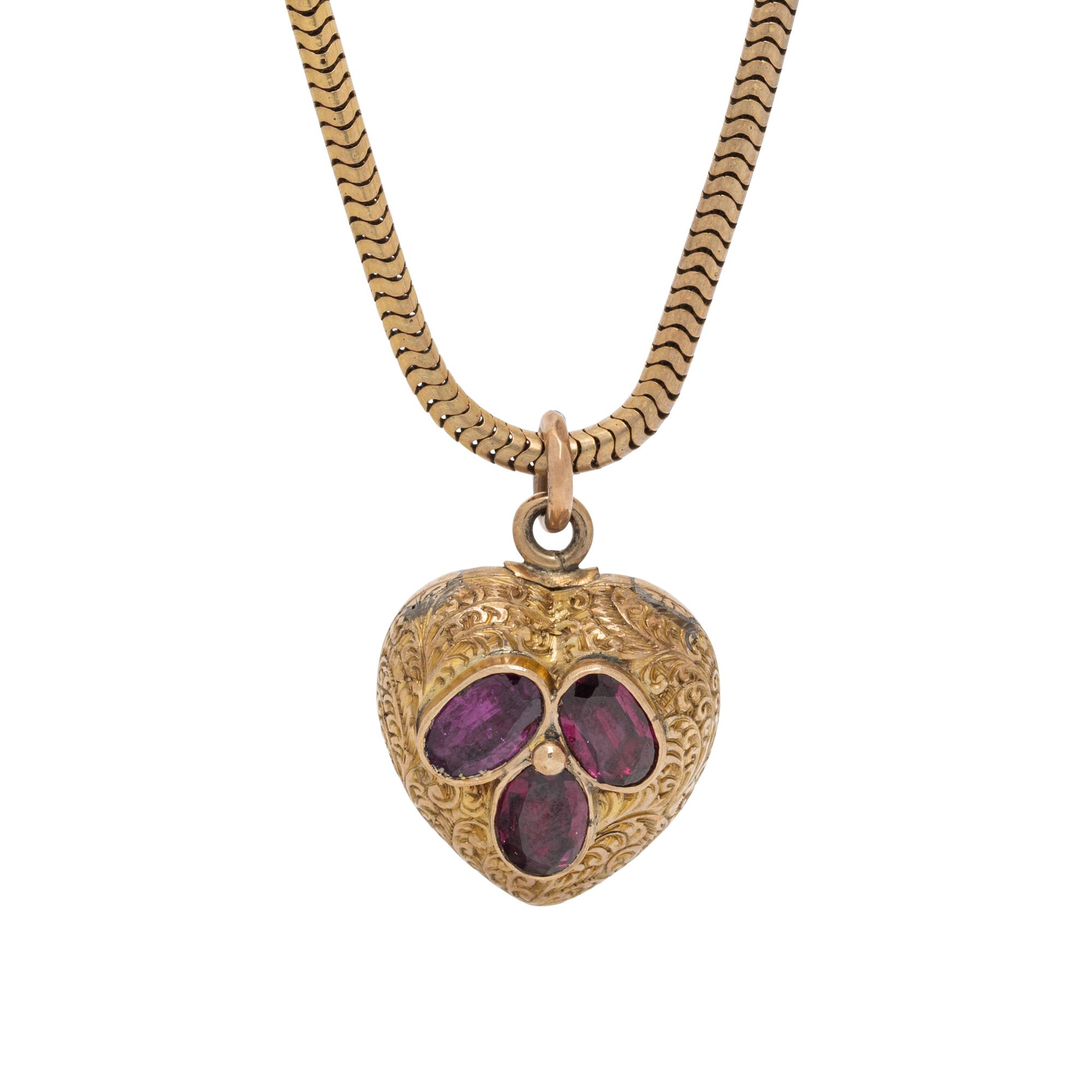 ANTIQUE, YELLOW GOLD AND GARNET PENDANT ON CHAIN