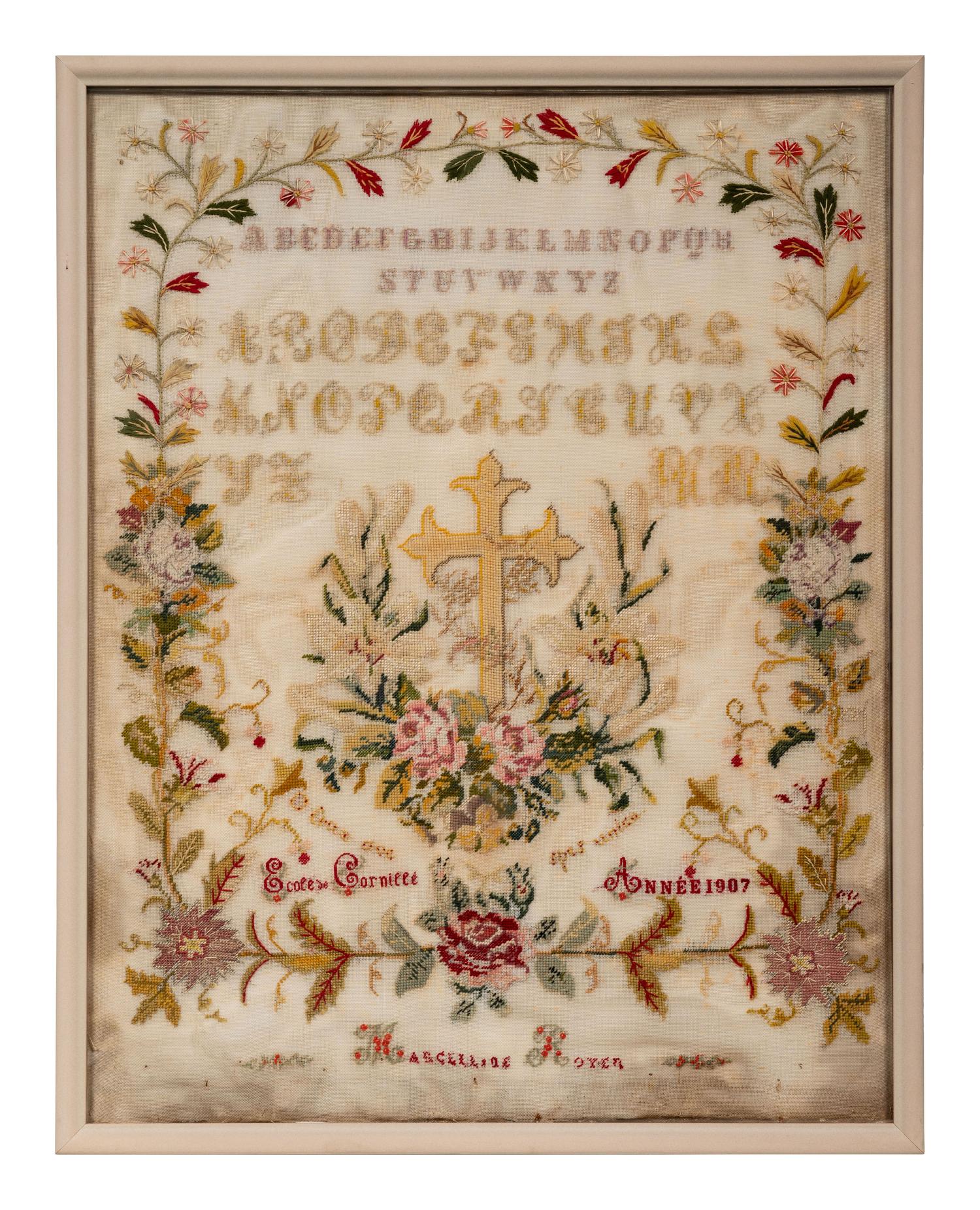 A French Needlework Embroidered Floral Panel