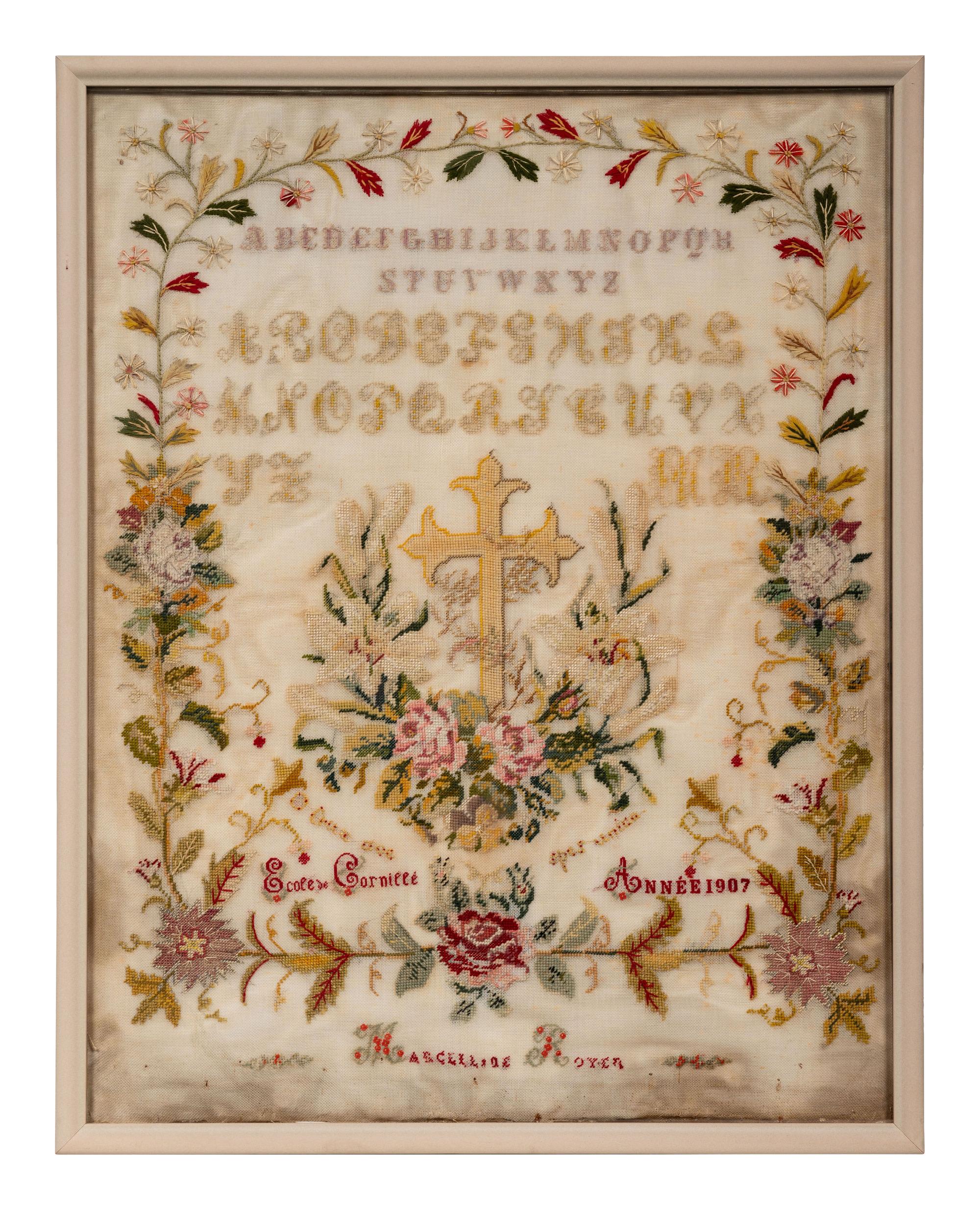 A French Needlework Embroidered Floral Panel