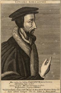 A group of four European engravings depicting Rembrandt, John Calvin, Johann Frederick I, and an unknown sitter