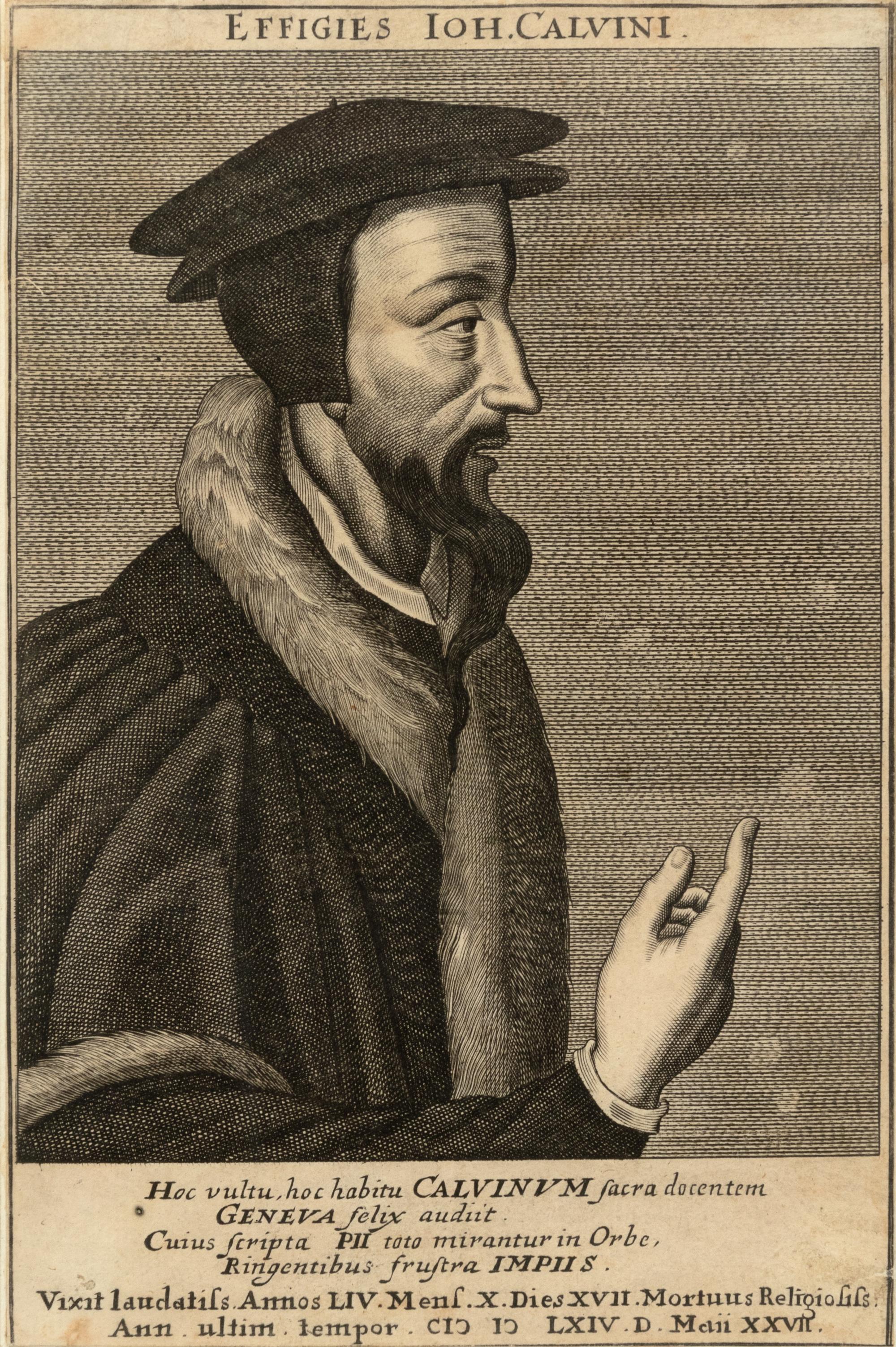 A group of four European engravings depicting Rembrandt, John Calvin, Johann Frederick I, and an unknown sitter
