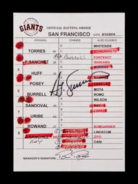 A Group of Three 2010 World Series Champion San Francisco Giants Umpire Lineup Cards from The Collection of Baseball Hall of Famer Ted Simmons,