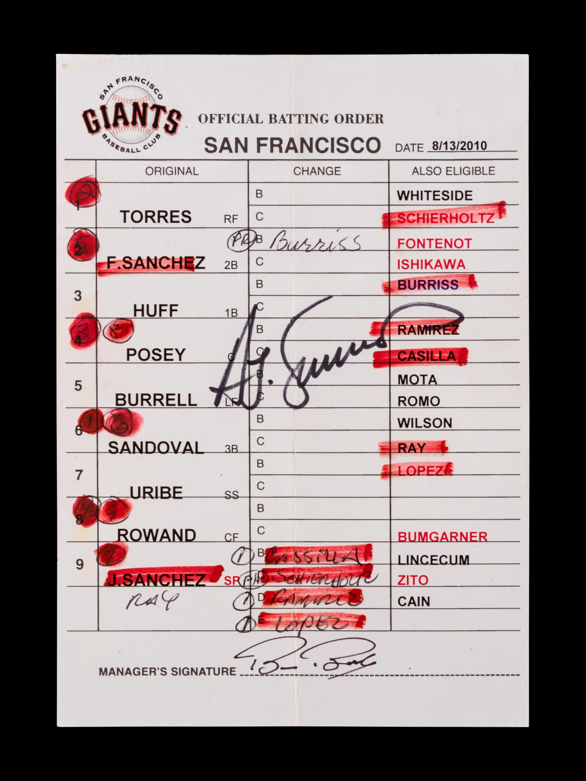 A Group of Three 2010 World Series Champion San Francisco Giants Umpire Lineup Cards from The Collection of Baseball Hall of Famer Ted Simmons,