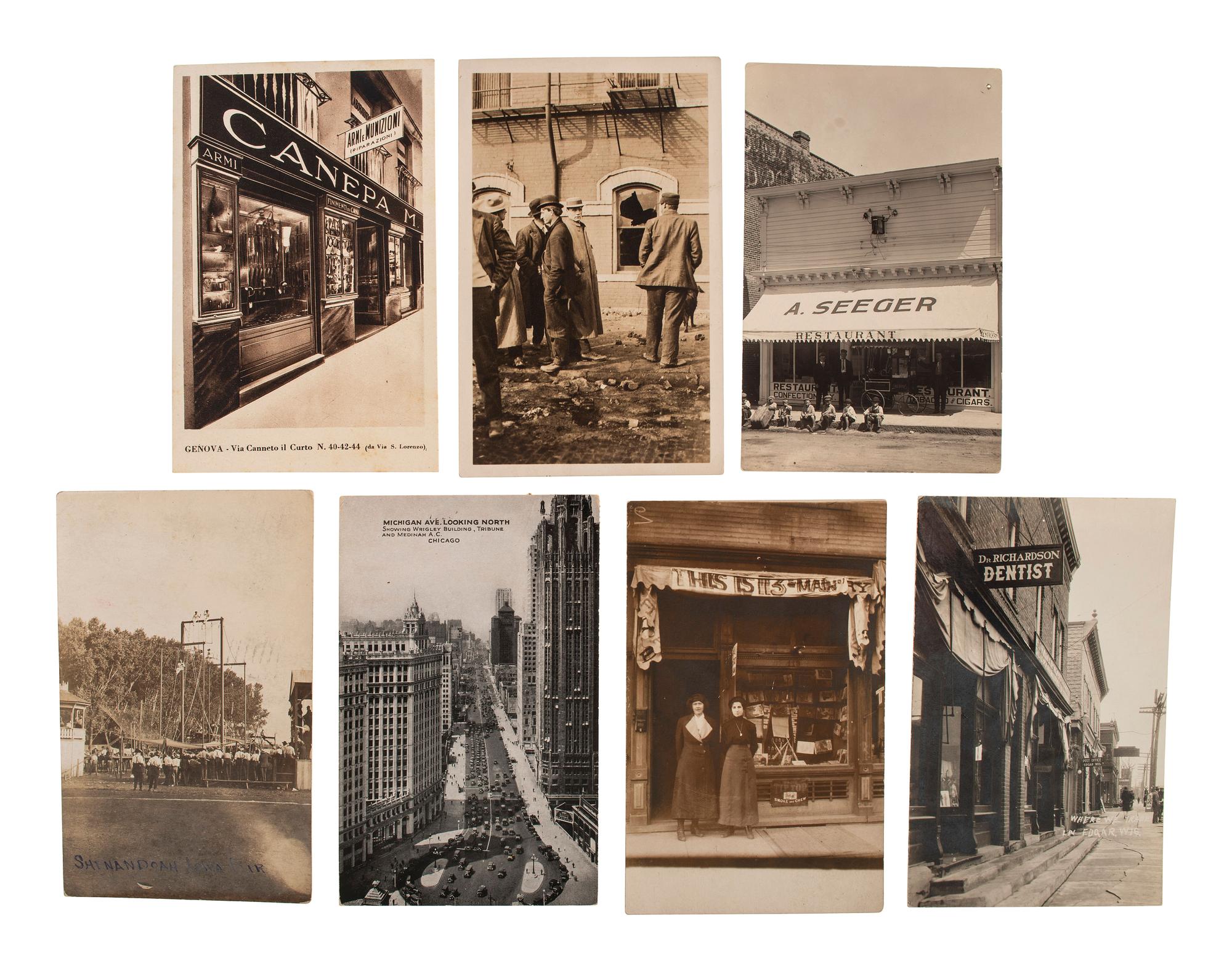 [EARLY PHOTOGRAPHY]. A group of 42 real photo postcards of cityscapes, town activities and disasters, parades, circuses, and fairs, highlighted by view of a child labor protest, an elephant parade, and bronco busting.