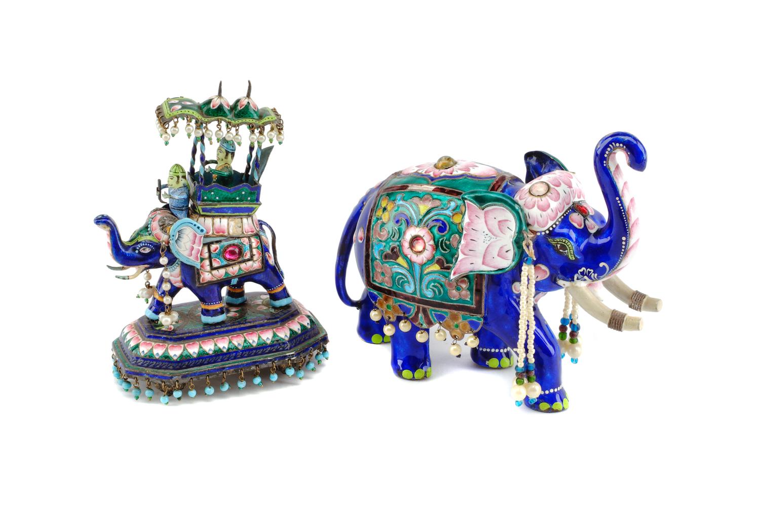 Two Indian Enameled Silver Figures Width of wider example 7 1/2 inches.