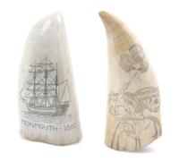 Two Scrimshaw Whale Teeth, Length of first 4 5/8 inches.