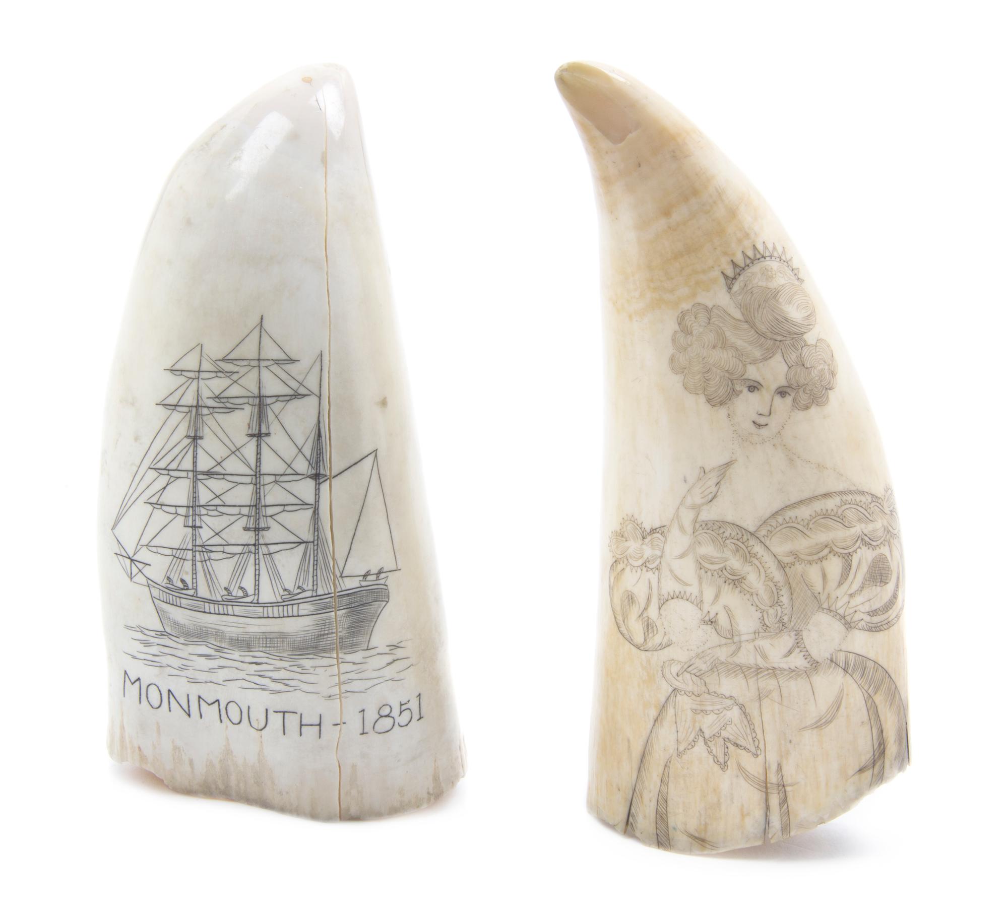 Two Scrimshaw Whale Teeth, Length of first 4 5/8 inches.