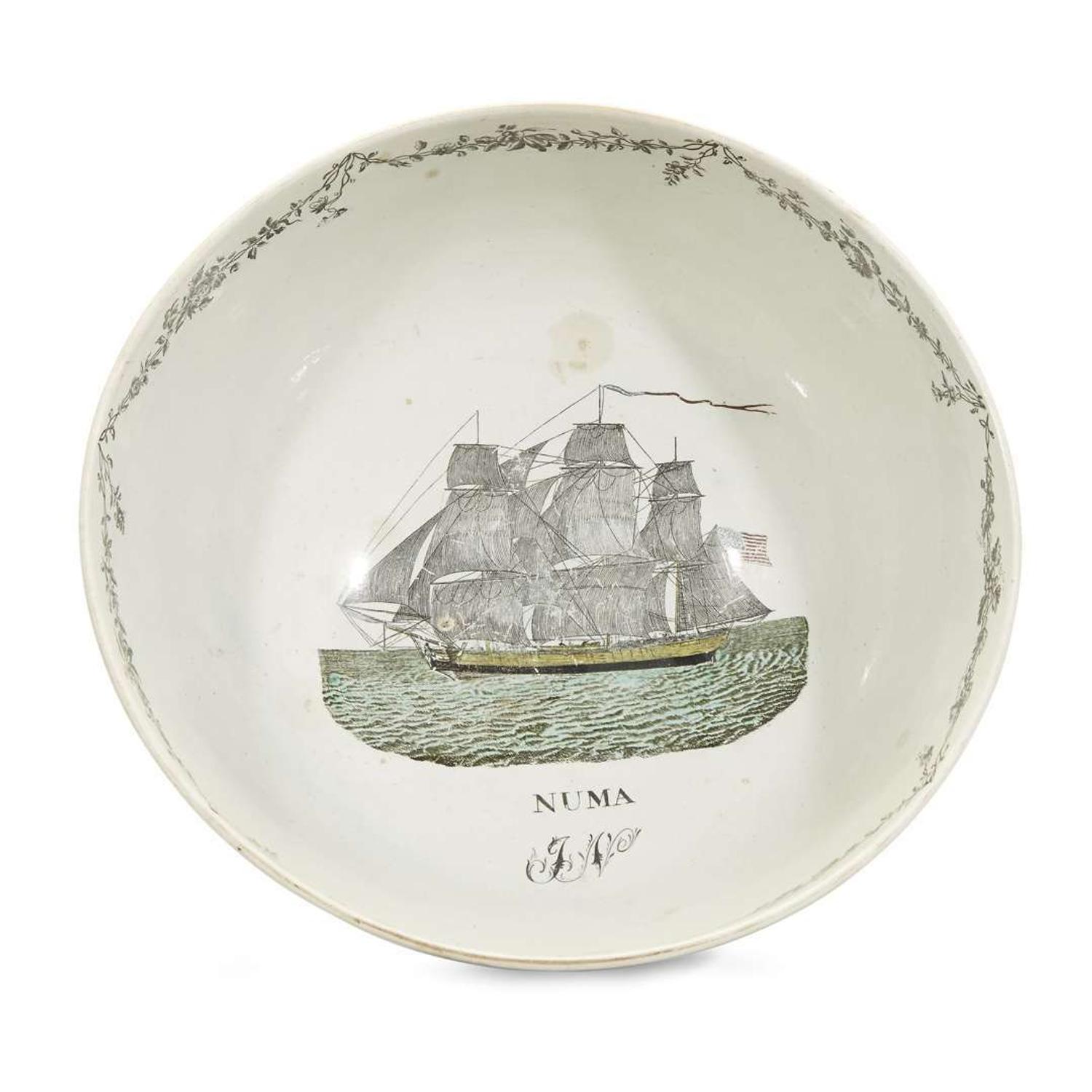 Transfer-decorated and polychrome enameled presentation punch bowl Liverpool, England, circa 1800