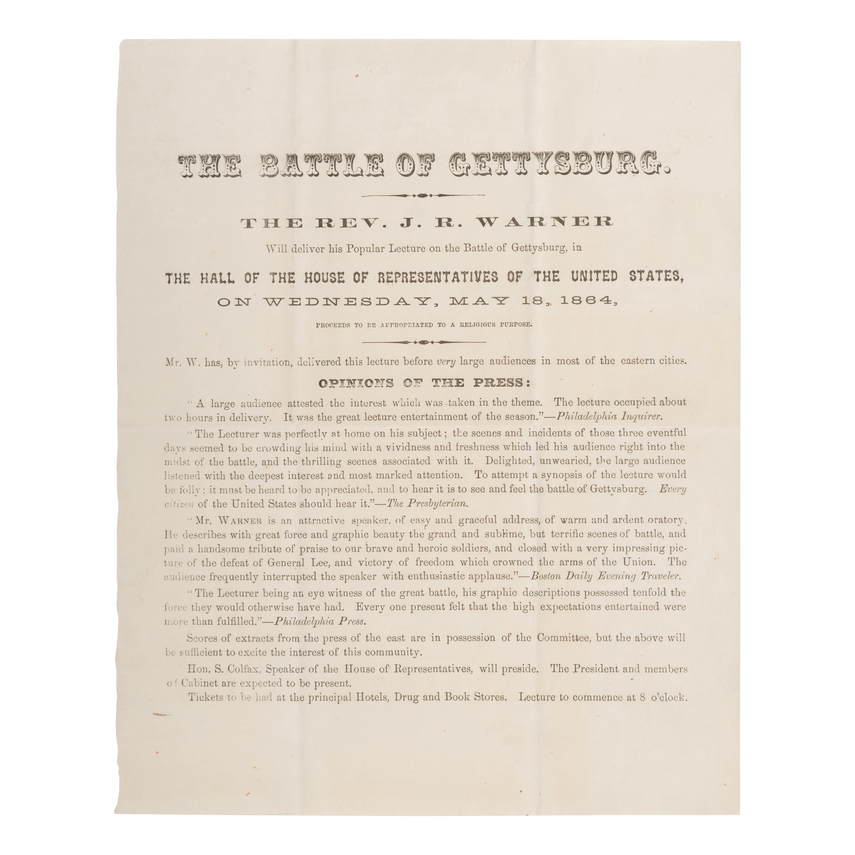 [Civil War - Gettysburg]. -- [Warner, John Riddle (1827-1894)]. Printed broadside. Washington, D.C., May 1864.