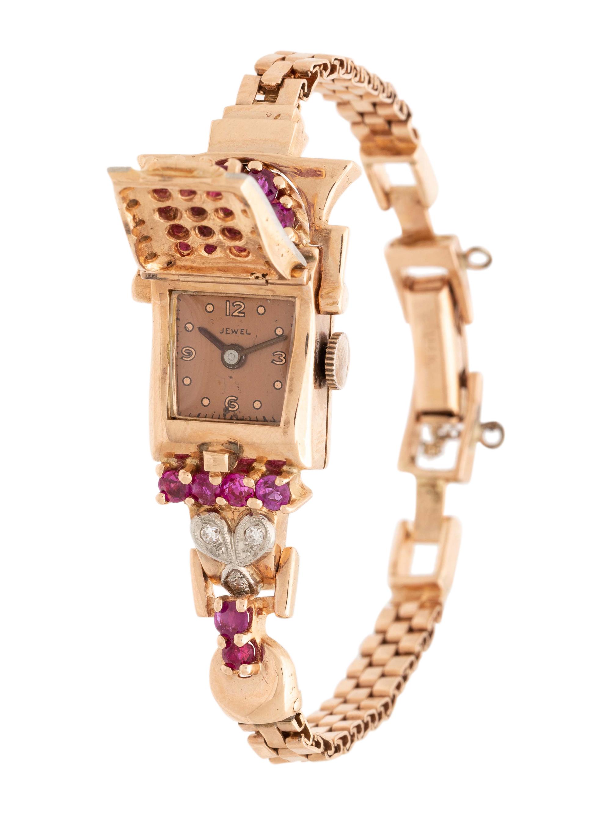 RETRO, 14K PINK GOLD, RUBY AND DIAMOND SURPRISE WRISTWATCH
