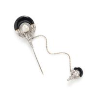 ONYX, DIAMOND AND BAROQUE CULTURED PEARL JABOT PIN
