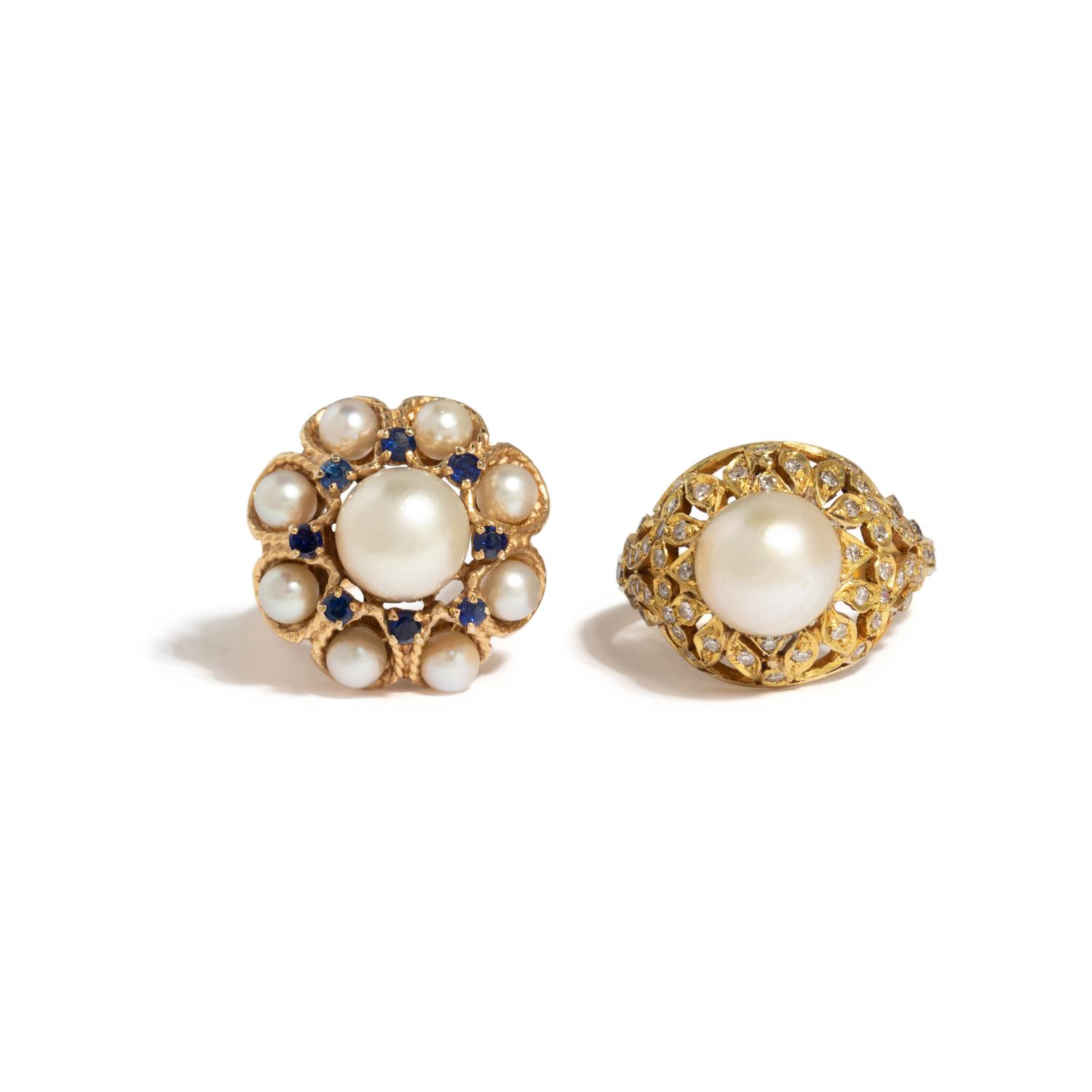 TWO YELLOW GOLD AND CULTURED PEARL RINGS