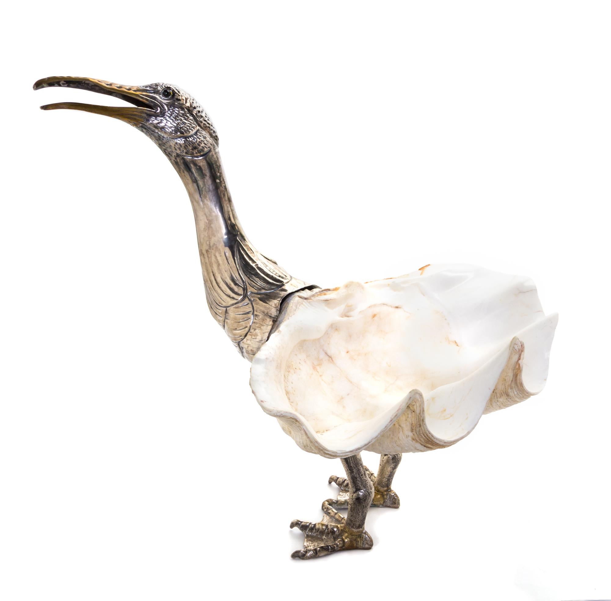 An Italian Silver Mounted Clam Shell Sculpture, Florence, 20th Century, formed as a cormorant with a silver-gilt beak, silver neck and