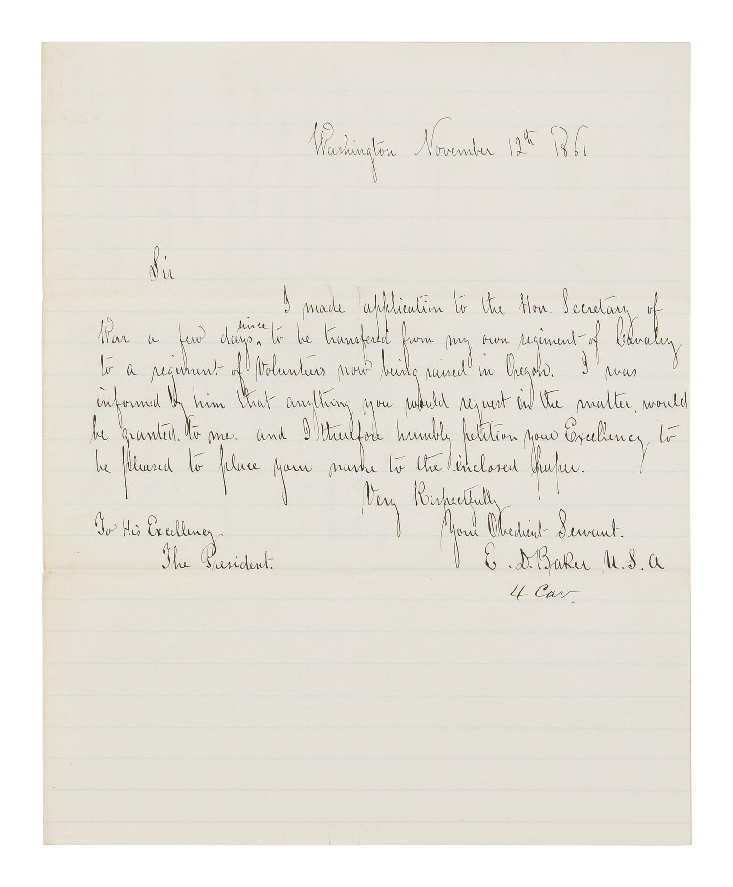 LINCOLN, Abraham (1809-1865). Autograph endorsement, signed ("A. Lincoln") as President, to Secretary of War Simon Cameron. Washington, D.C., 13 November 1861.