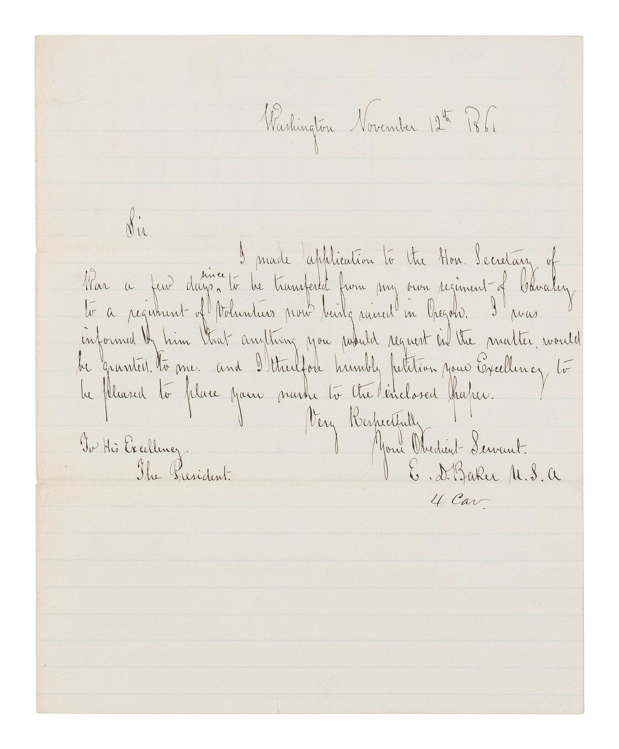 LINCOLN, Abraham (1809-1865). Autograph endorsement, signed ("A. Lincoln") as President, to Secretary of War Simon Cameron. Washington, D.C., 13 November 1861.