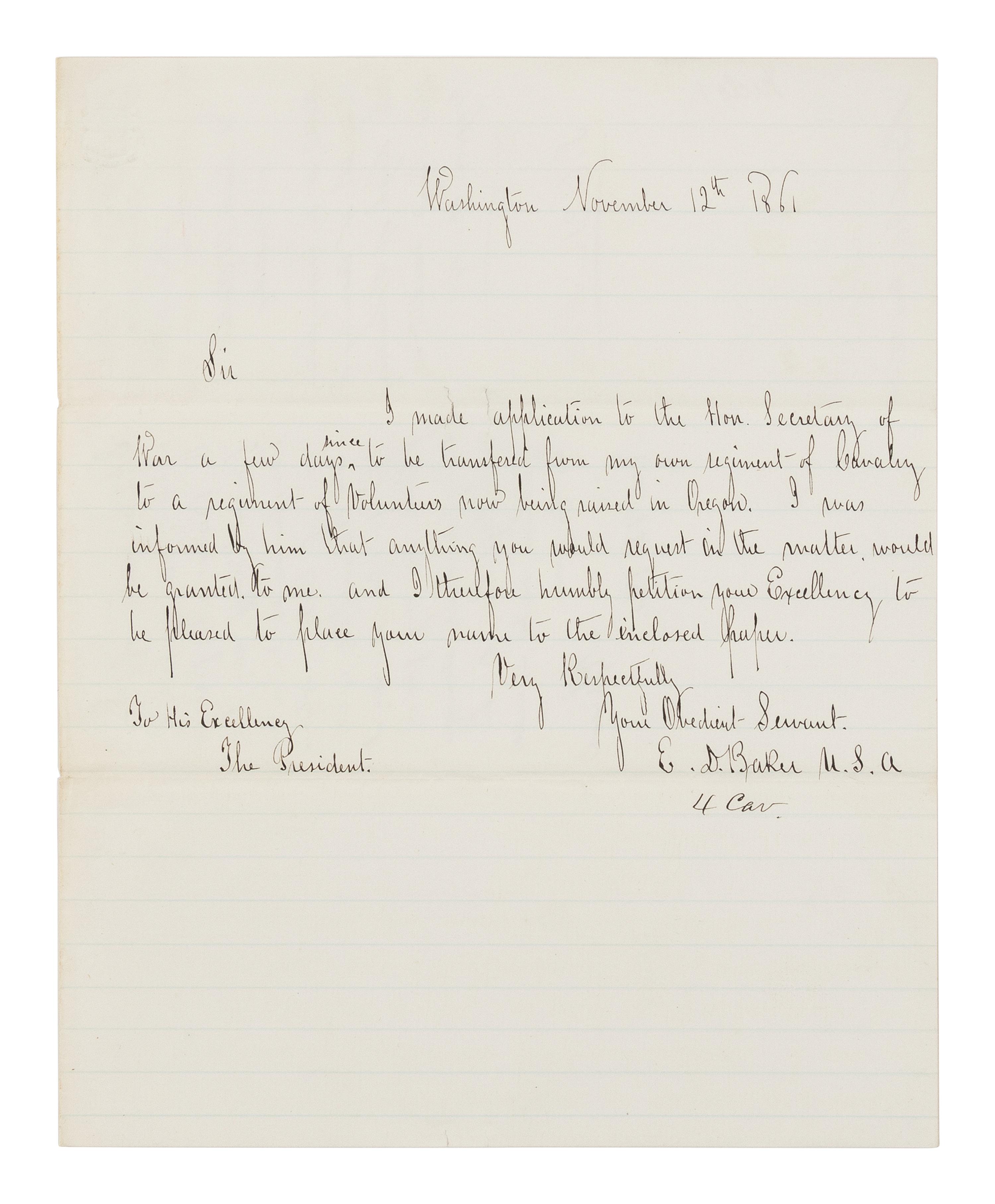 LINCOLN, Abraham (1809-1865). Autograph endorsement, signed ("A. Lincoln") as President, to Secretary of War Simon Cameron. Washington, D.C., 13 November 1861.
