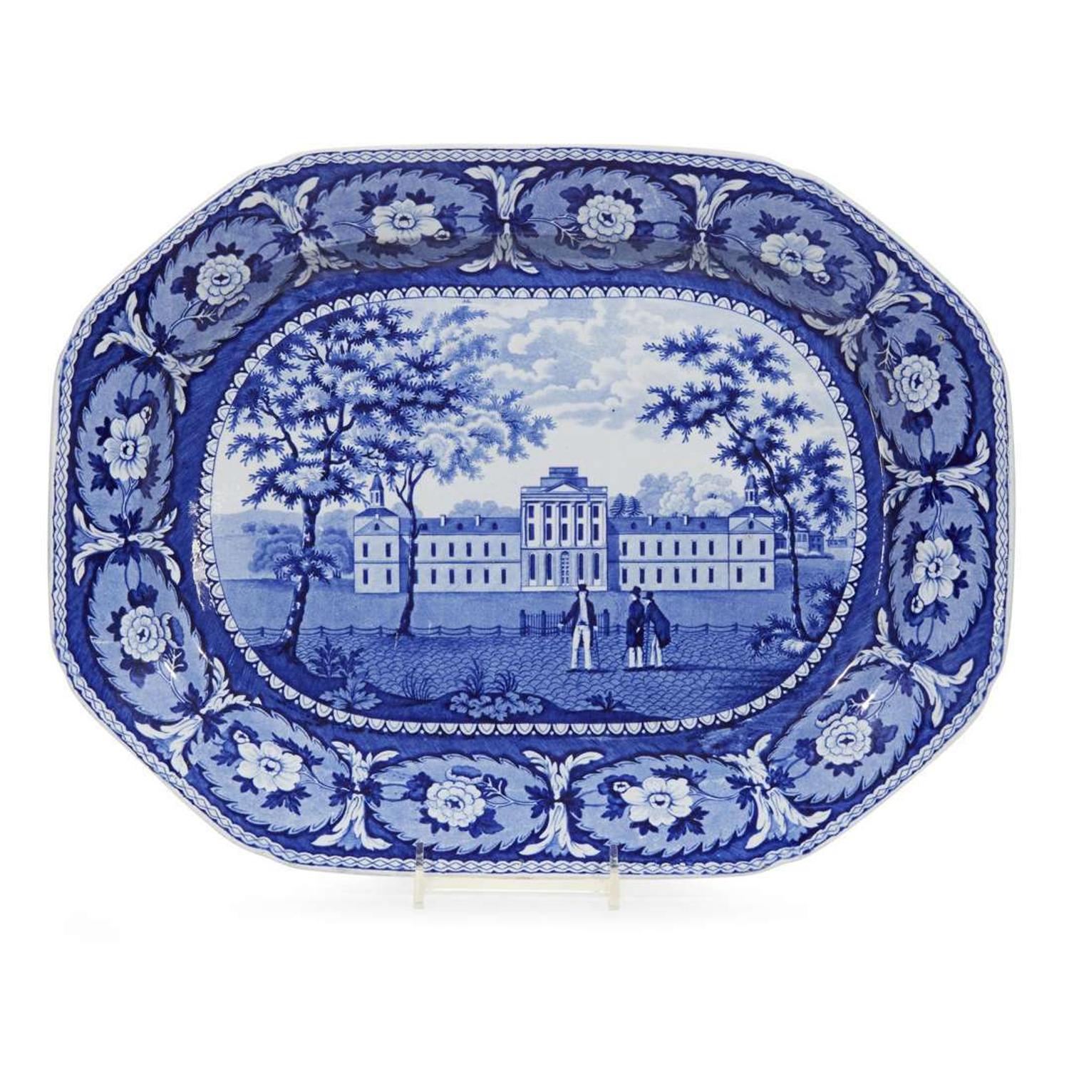 Historical Blue Staffordshire 'Pennsylvania Hospital Philadelphia' platter J. & W. Ridgway, Cauldon Place Works near Hanley, first third 19th century