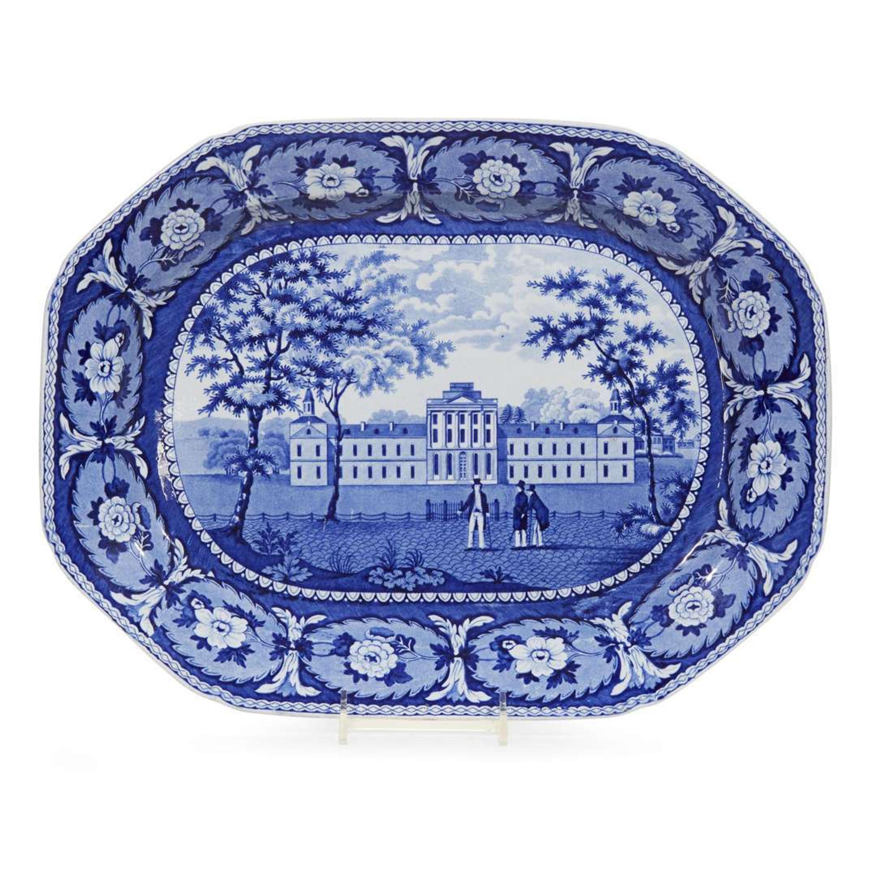 Historical Blue Staffordshire 'Pennsylvania Hospital Philadelphia' platter J. & W. Ridgway, Cauldon Place Works near Hanley, first third 19th century