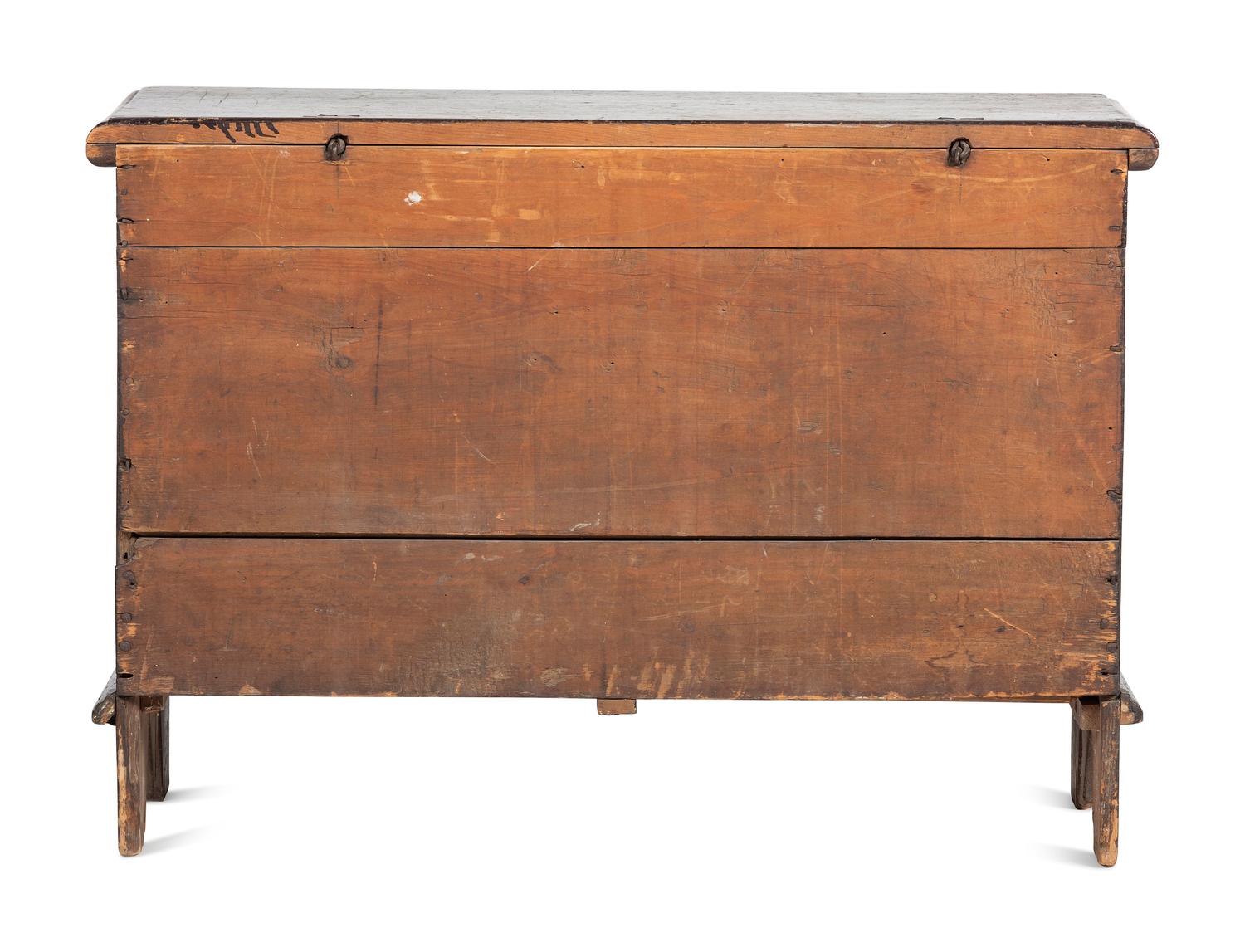A Rare Pilgrim Century Black Painted Pine One-Drawer 'M' Chest