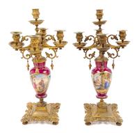 A Pair of Sevres Style Gilt Metal Mounted Five-Light Candelabra