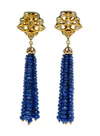 A Pair of Yellow Gold, Enamel and Sapphire Fringe Earrings, 29.60 dwts.