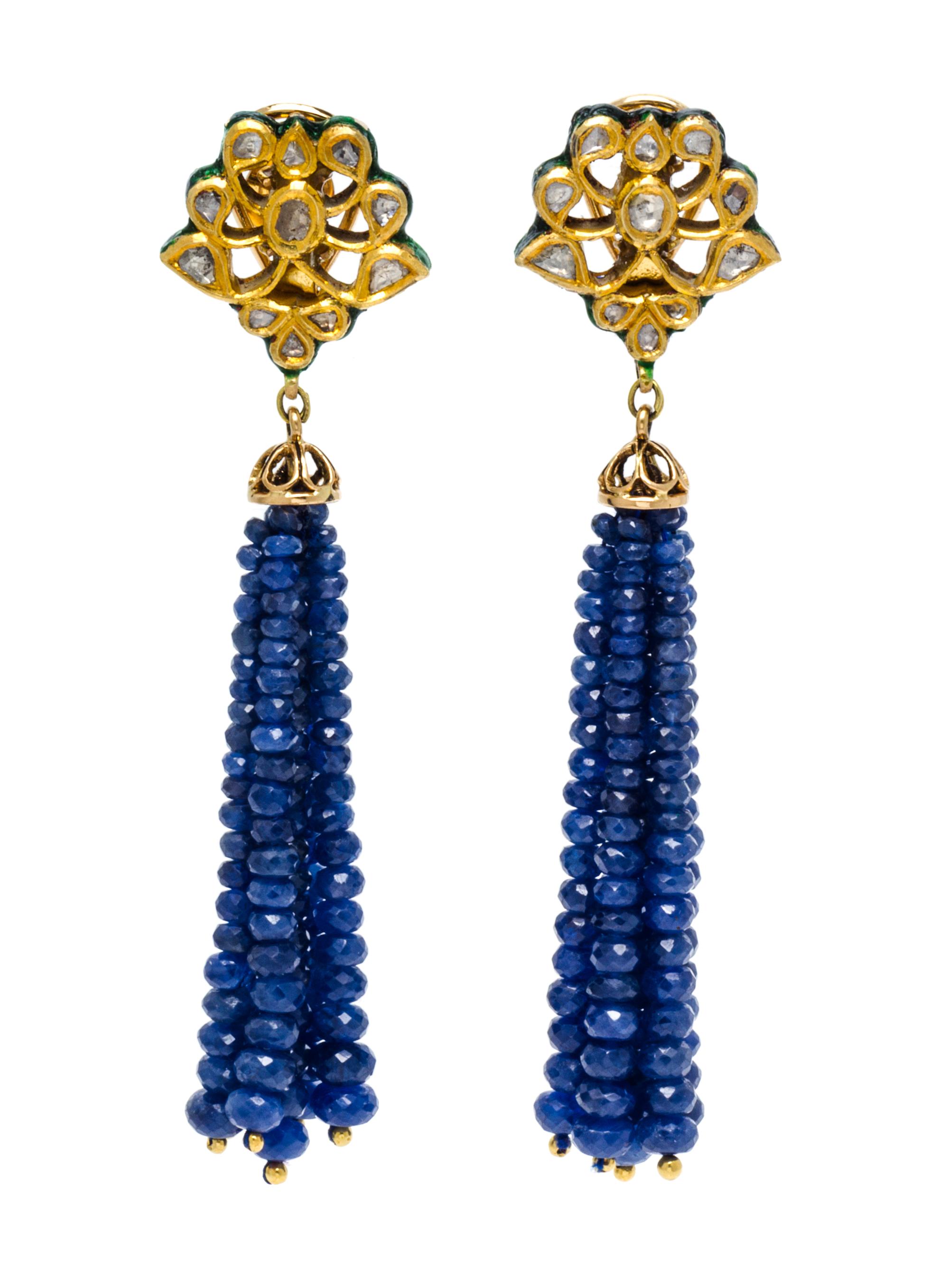A Pair of Yellow Gold, Enamel and Sapphire Fringe Earrings, 29.60 dwts.