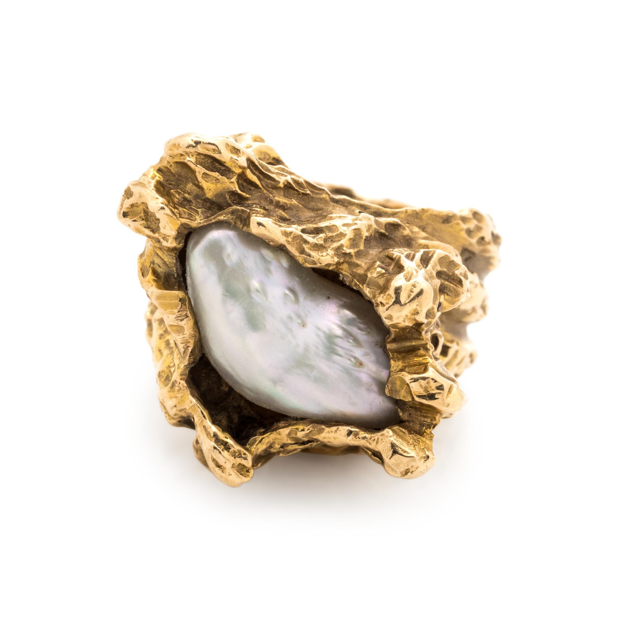 BRUTALIST, YELLOW GOLD AND CULTURED FRESHWATER PEARL RING