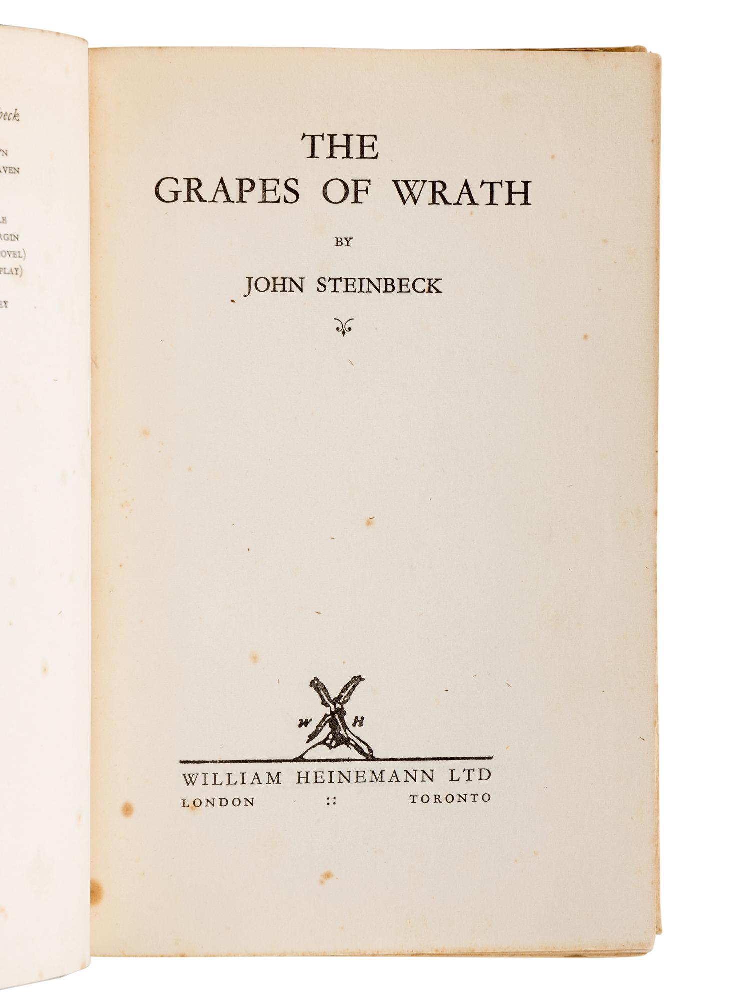 STEINBECK, John (1902-1968). The Grapes of Wrath . London and Toronto: William Heinemann Ltd., [1939].