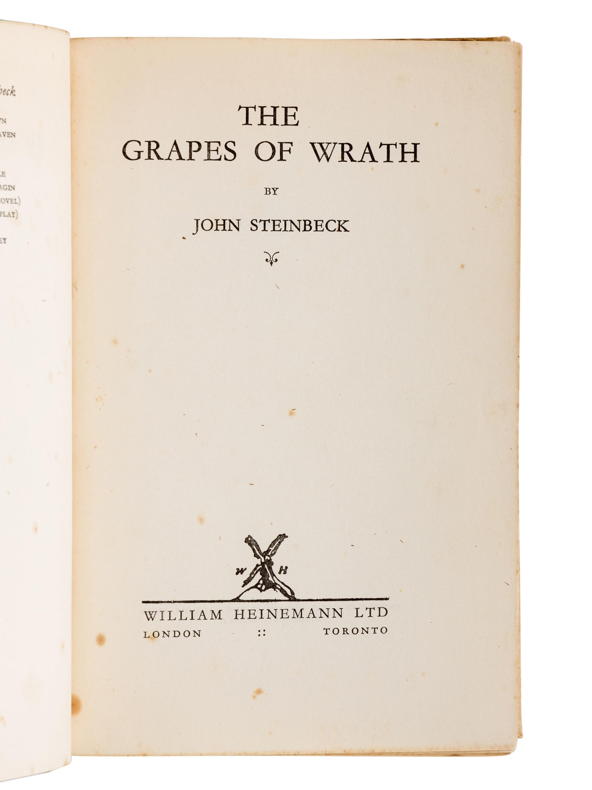 STEINBECK, John (1902-1968). The Grapes of Wrath . London and Toronto: William Heinemann Ltd., [1939].