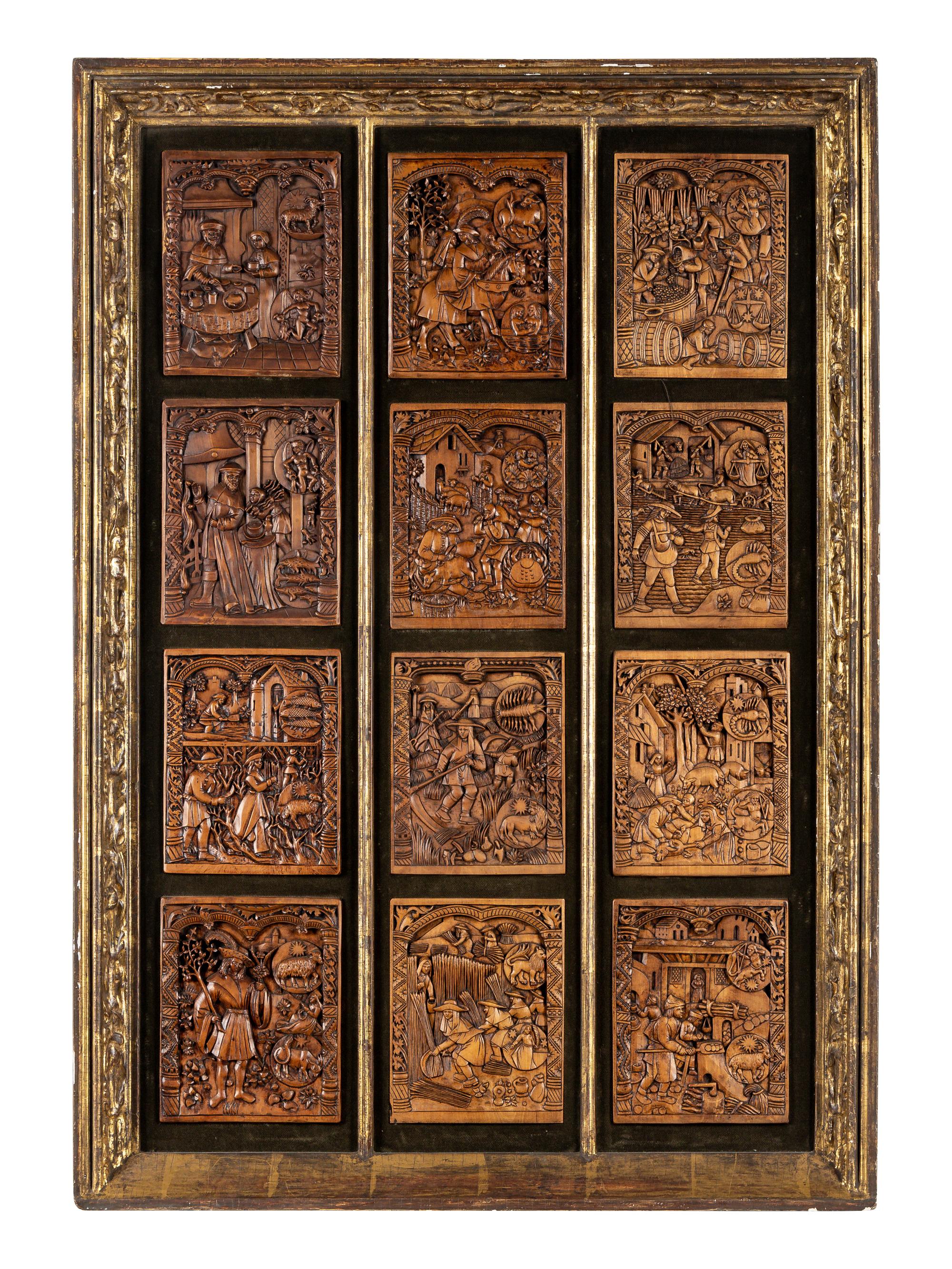 Twelve Continental Carved Relief Panels Depicting Signs of the Zodiac