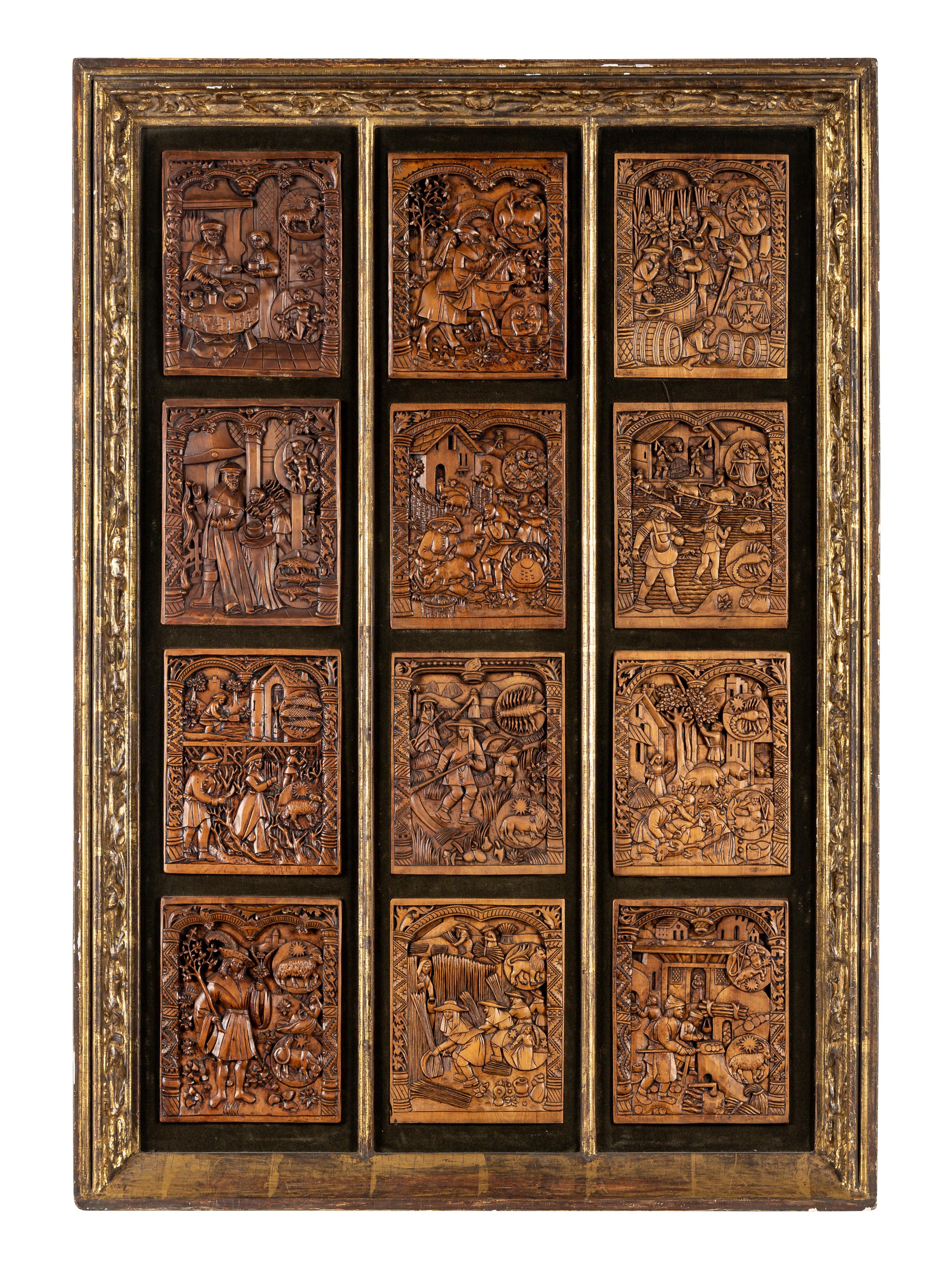 Twelve Continental Carved Relief Panels Depicting Signs of the Zodiac