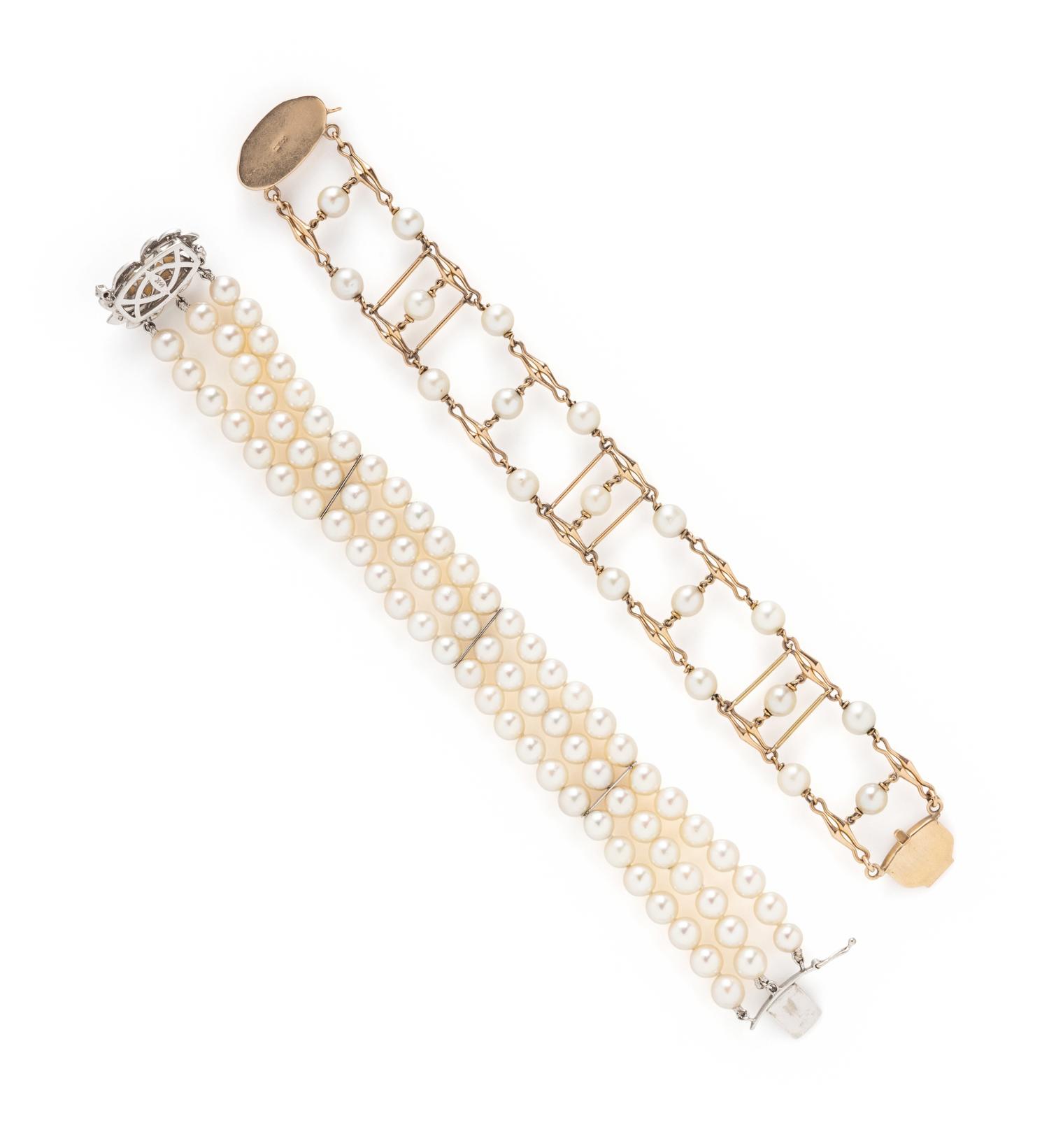 TWO CULTURED PEARL AND GOLD BRACELETS