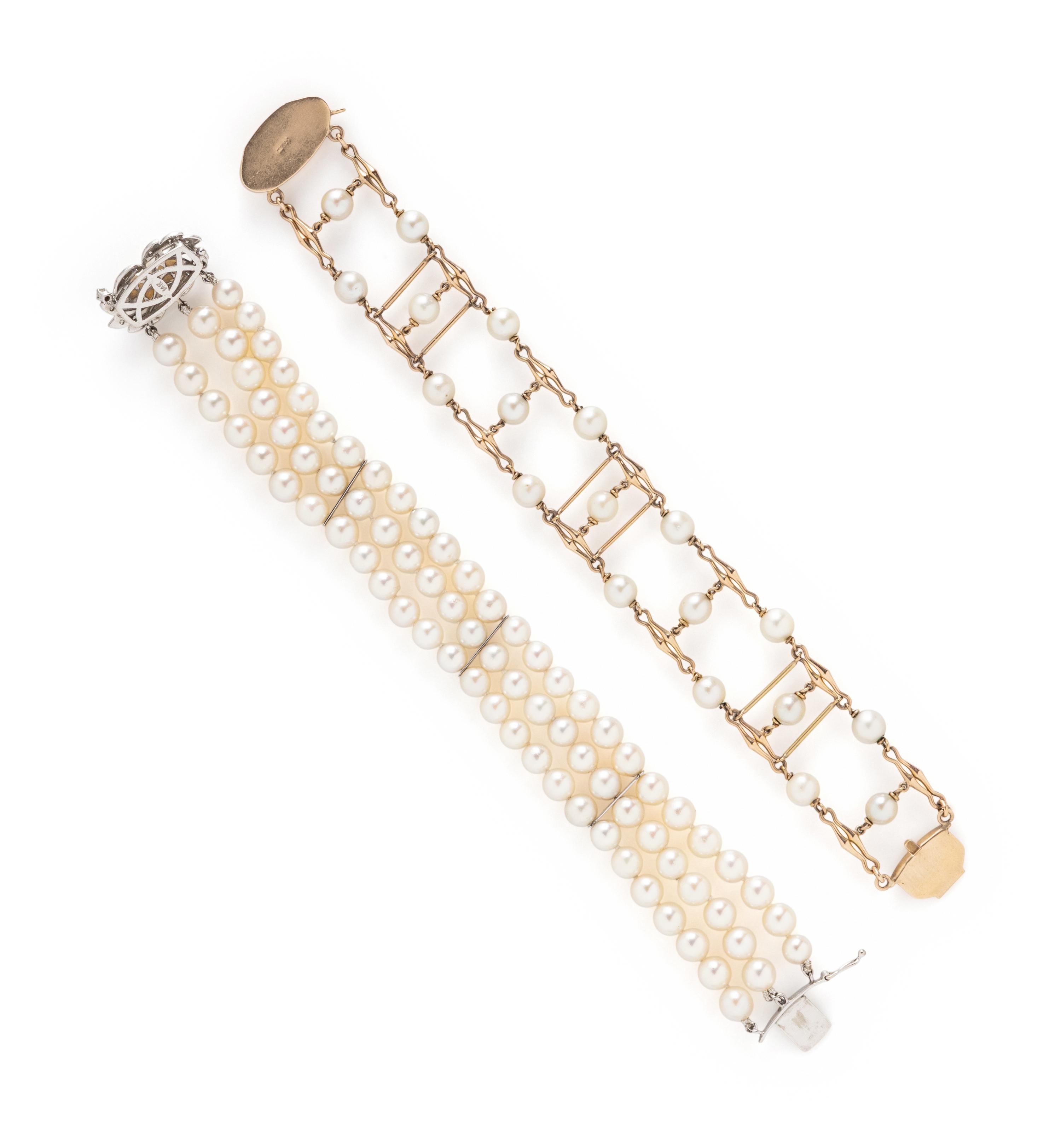 TWO CULTURED PEARL AND GOLD BRACELETS