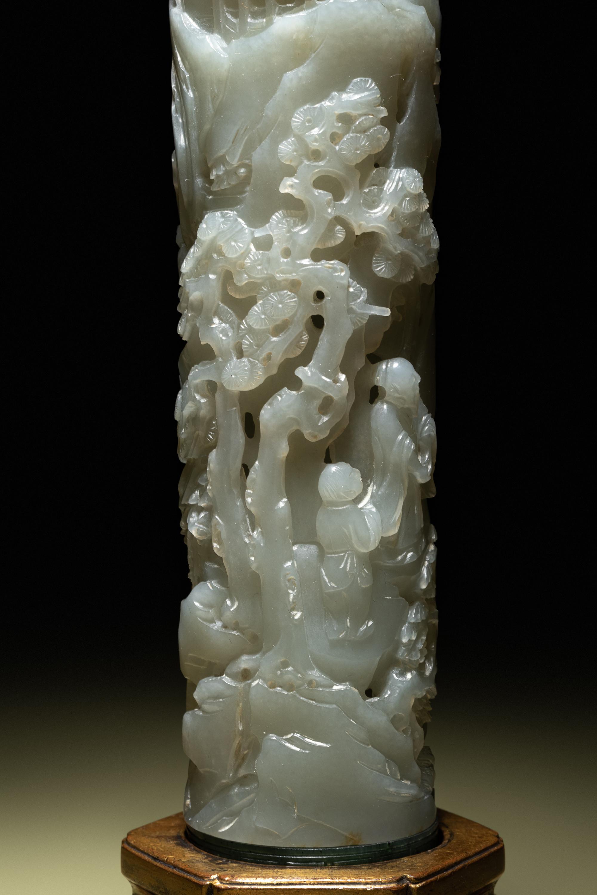 A Pair of Carved Celadon Jade Cylindrical Parfumiers