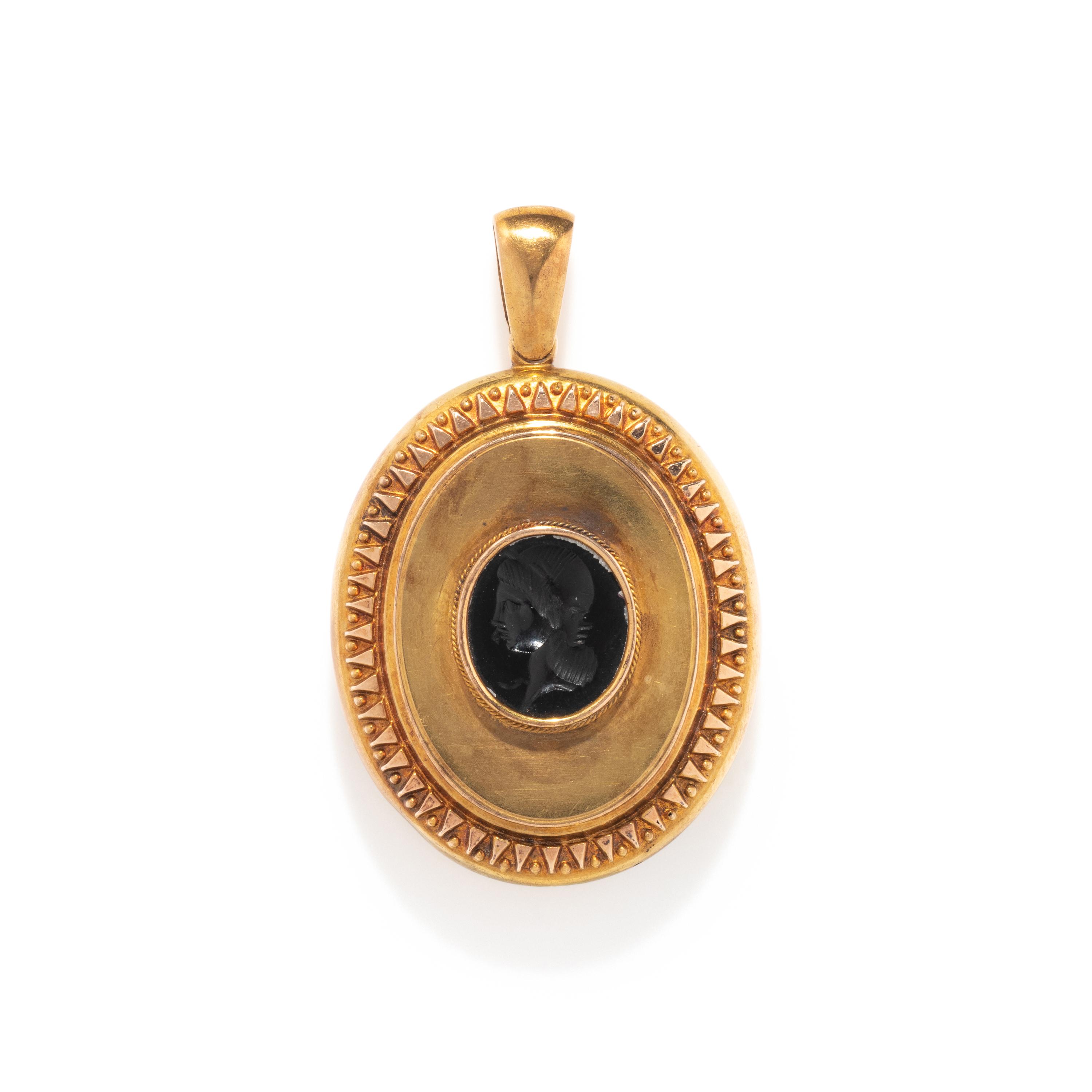 A Neoclassical Black Onyx Intaglio with a Female Portrait Head on a Gold Mourning Locket Pendant