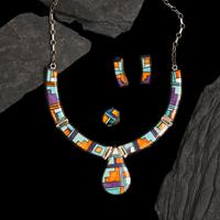Alvin Yellowhorse (Diné, b. 1968) — Sterling Silver and Mosaic Inlay Necklace, Earring, and Ring Set