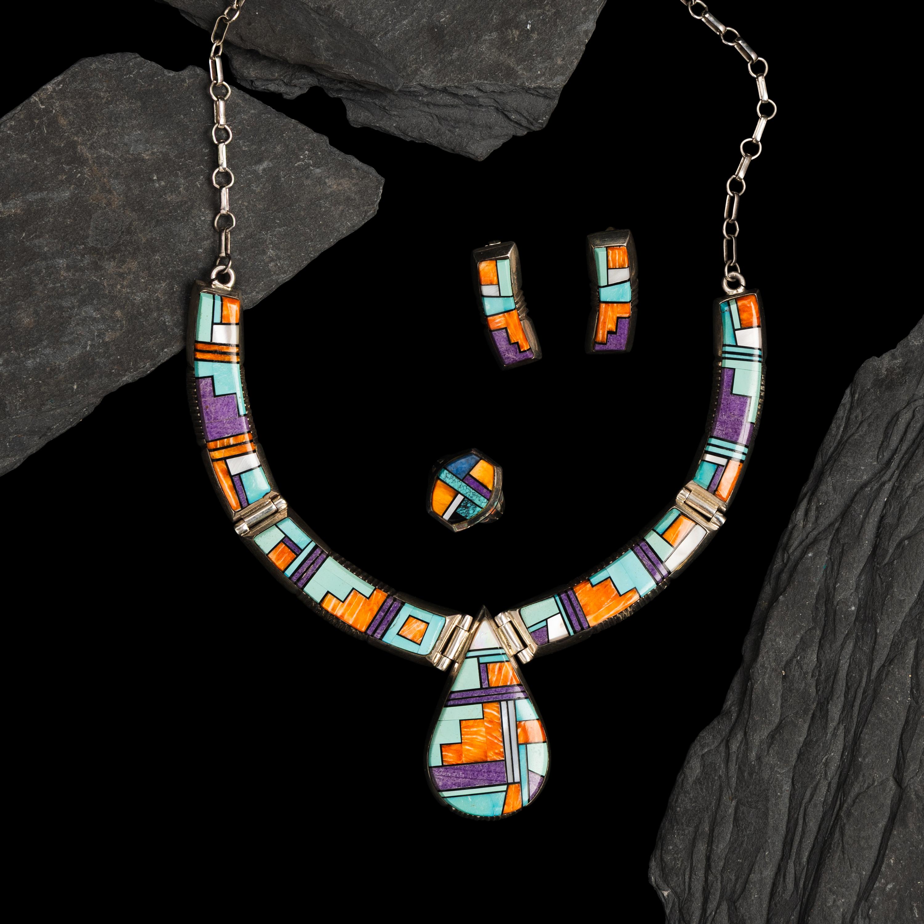 Alvin Yellowhorse (Diné, b. 1968) — Sterling Silver and Mosaic Inlay Necklace, Earring, and Ring Set