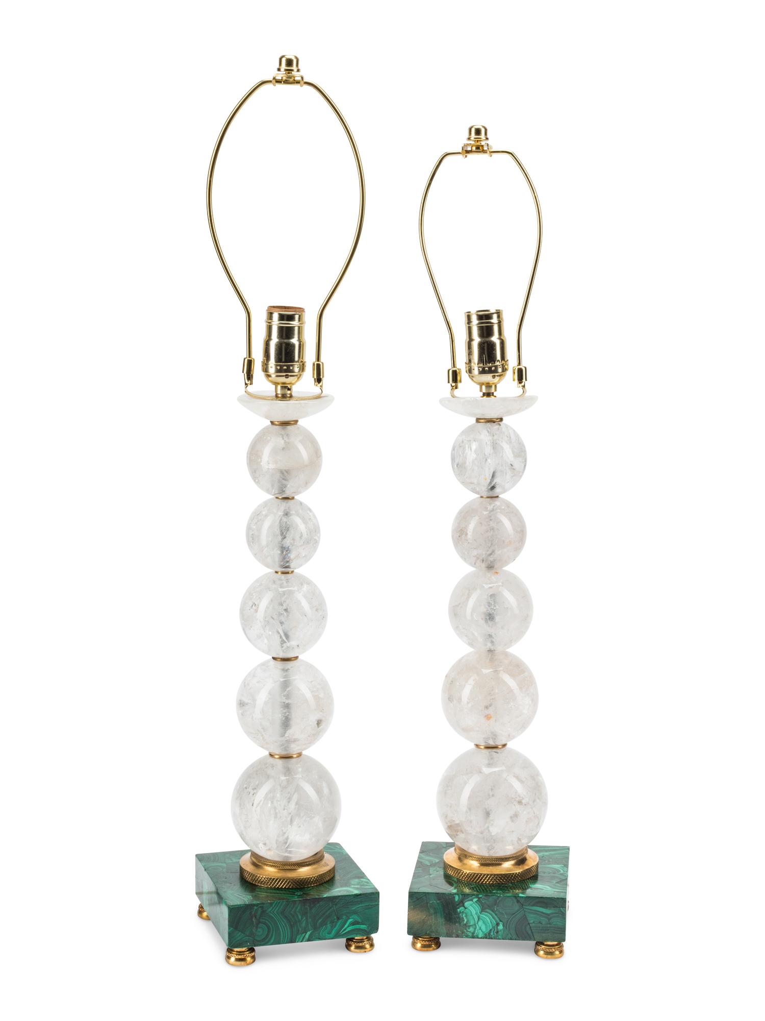A Pair of Rock Crystal and Malachite Table Lamps