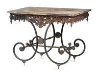 Two Wrought Iron Marble Top Console Tables